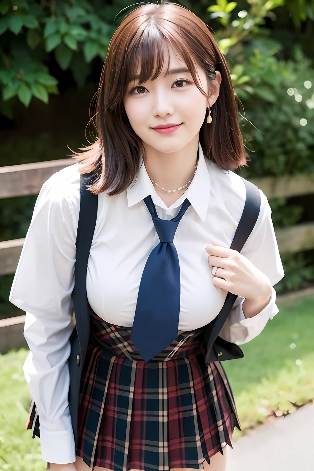 女の子1人、Blushing cheeks、shyly smile、optic、large full breasts、White open shirt sticking to the chest、Tartan checked skirt、Girl in Japan school uniform、florals、hair pin、a necklace、piercings、Leaning forward、from below looking up、depth of fields、pointed red mouth、Glossy reddish-brown shorthair、Black eyes、鎖骨、Beautiful fingers、Hourglass body、portrait of a full body、Hurry up and loosen your tie、Staring at the viewer while removing his tie、Cardigan hooked on the shoulder、