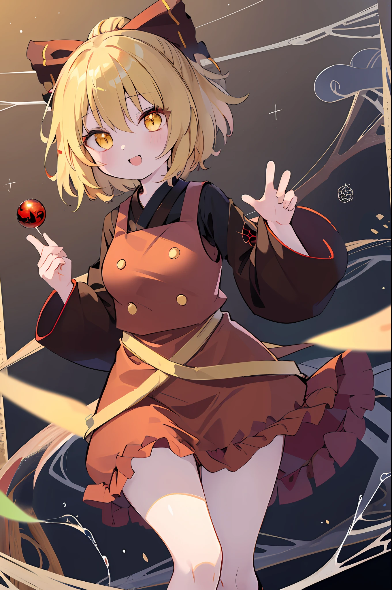 (masutepiece, Best Quality:1.2), Solo, 1girl in, Kurotani Yamame, Smile, Looking at Viewer, Hair Bow, Yellow eyes, brown robes, Long sleeves, Silk, spider webs