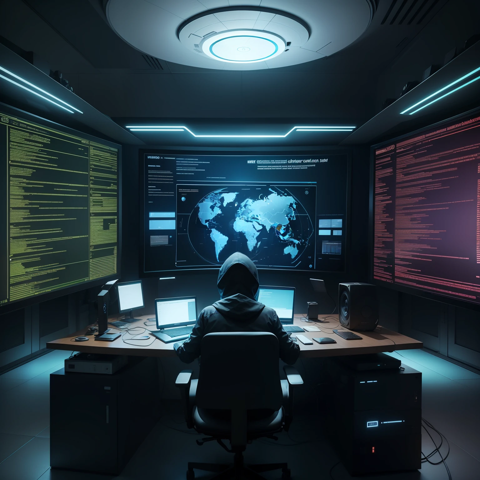 "At the Heart of Technology: Adentre a Sala do Hacker! Descubra um mundo oculto onde a tecnologia e a habilidade se encontram! Entre na sala do hacker, where monitors shine brightly with valuable codes and information. In this environment full of mystery, You will have the opportunity to witness the genius of a hacker in action. No centro da sala, a giant panel displays high-complexity graphs, revelando a intensidade das atividades digitais. imagem ultra realista, 8k