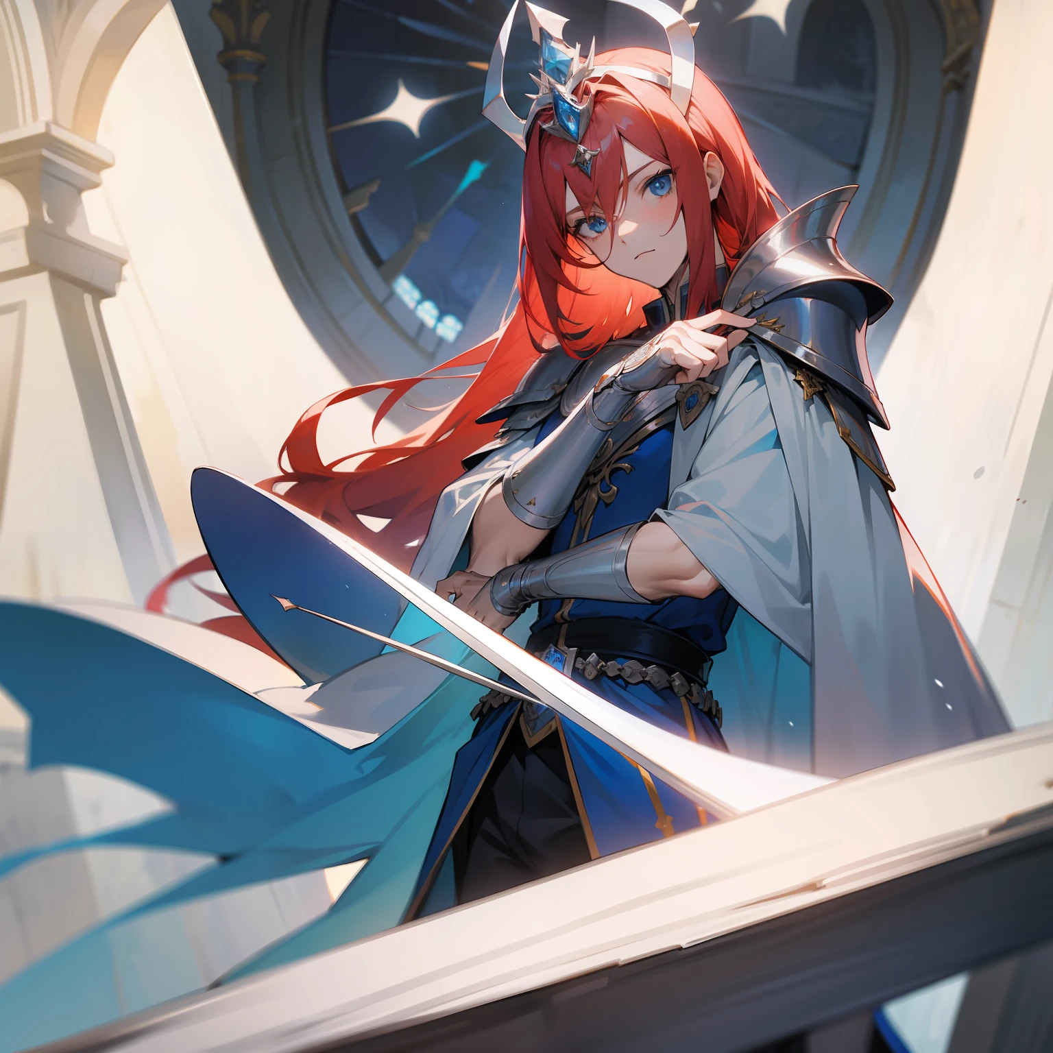 young man, 18 years old, red hair, long hair, silver armor, blue cloak, blue eyes, pale skin, silver diadema, freeckes in face, espada na bainha, ajoelhado, em frente a um trono, in an ivory palace, 4k, masterpiece