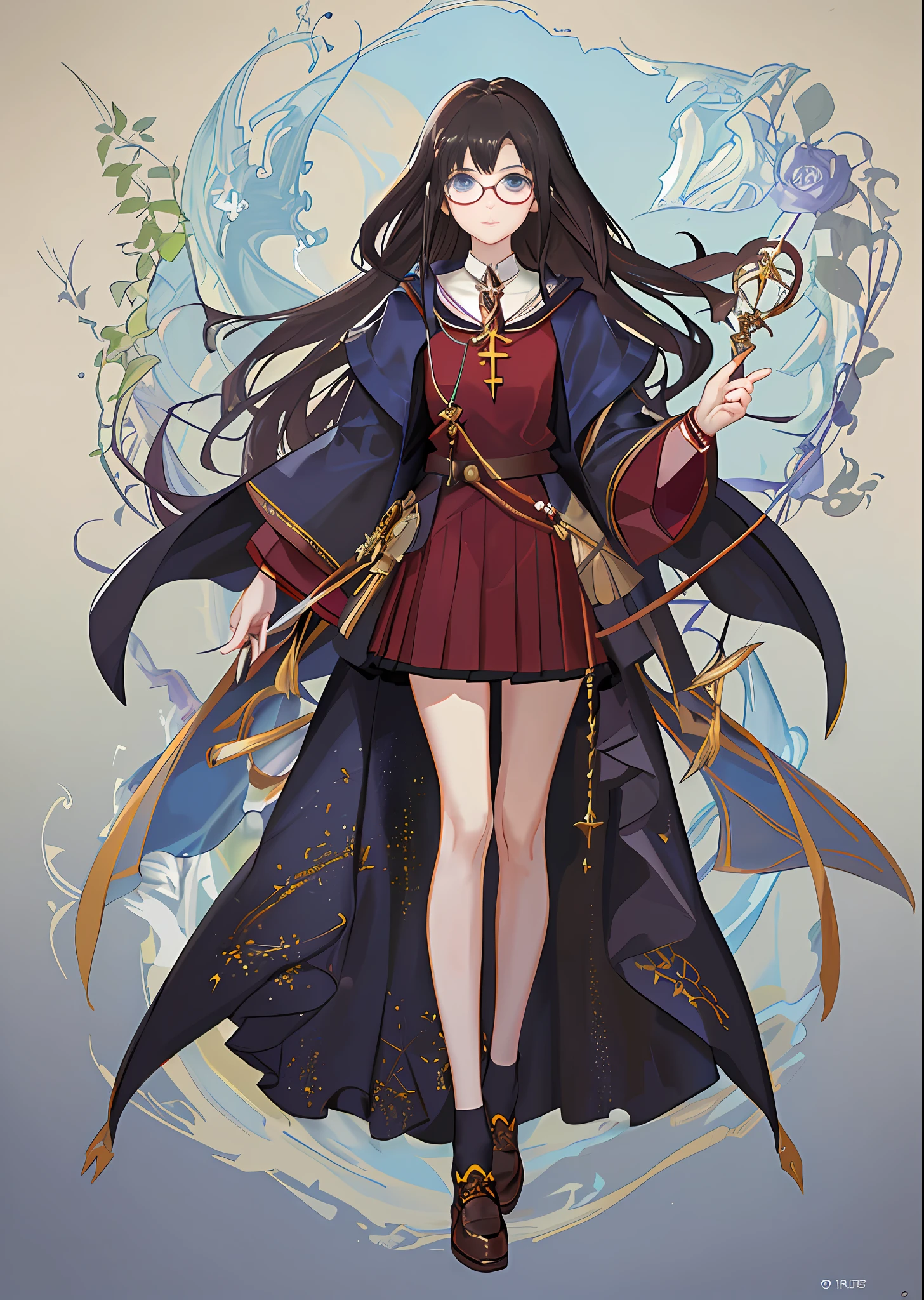 ((Solo)), feminine, long black hair, blue eyes, with gryffindor dr harry potter uniform, glasses, piercing gaze, delicate face, little heart necklace, large thighs, small breasts, holding a wand releasing magic, a magical book that is floating beside her