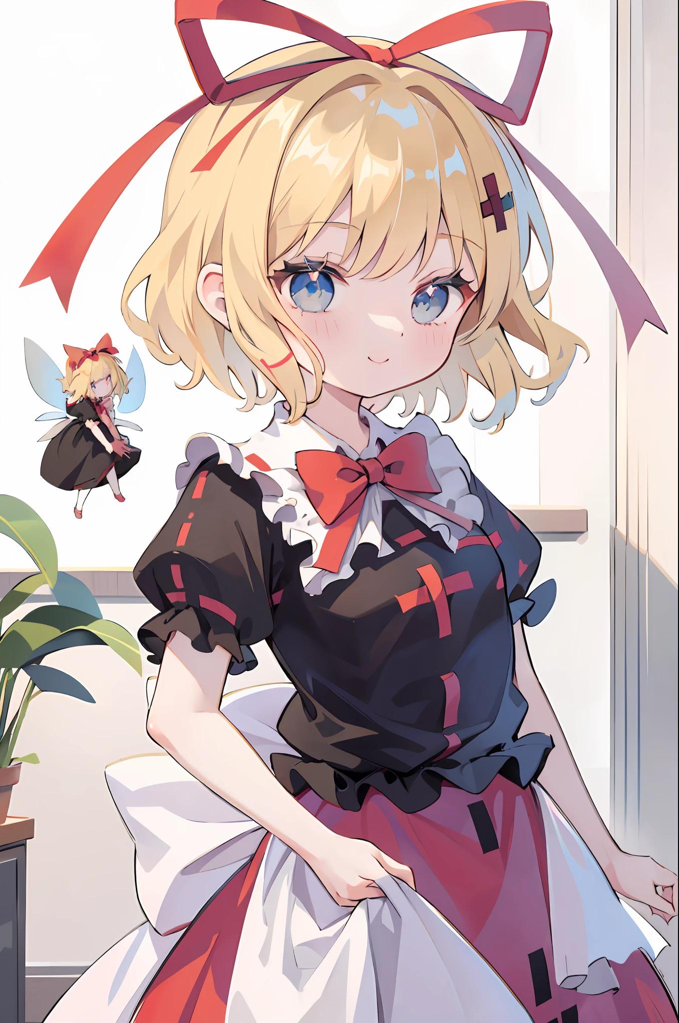 masutepiece, Best Quality,   Ms. Sue, Blonde hair, Blue eyes, Bow, Short sleeves, Skirt, Puffy Short Sleeves, Wings, Puffy sleeves, 1girl in, Smile, Short hair, bow ribbon, Looking at Viewer, Red bow, bowtie, Shirt, White background, Hair Ribbon, red bowtie, Simple background, Ribbon trim, Red skirt, Red Ribbon, fairy wings, frilld, Solo, white bow, Hair Bow, Black shirt, ribbon-trimmed skirt, frilled shirt collar, Clothes trimmed with ribbons, Bubble skirt, doll, hand to own mouth, Closed mouth, Dress, hand on own face, sash