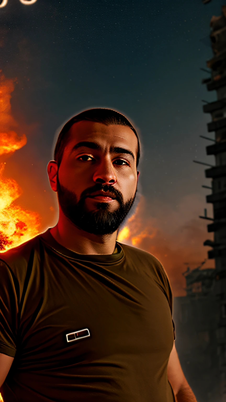 Man with beard and brown shirt anime animation style, papel de parede CG Unity 8k com ultra-detalhado, high-resolution and top quality in cyberpunk style, dominado por preto e vermelho. Na foto, um homem de barba, short hair standing over the ruins, behind him is a huge robot, and the action of a man holding a heavy sniper rifle in his hand.