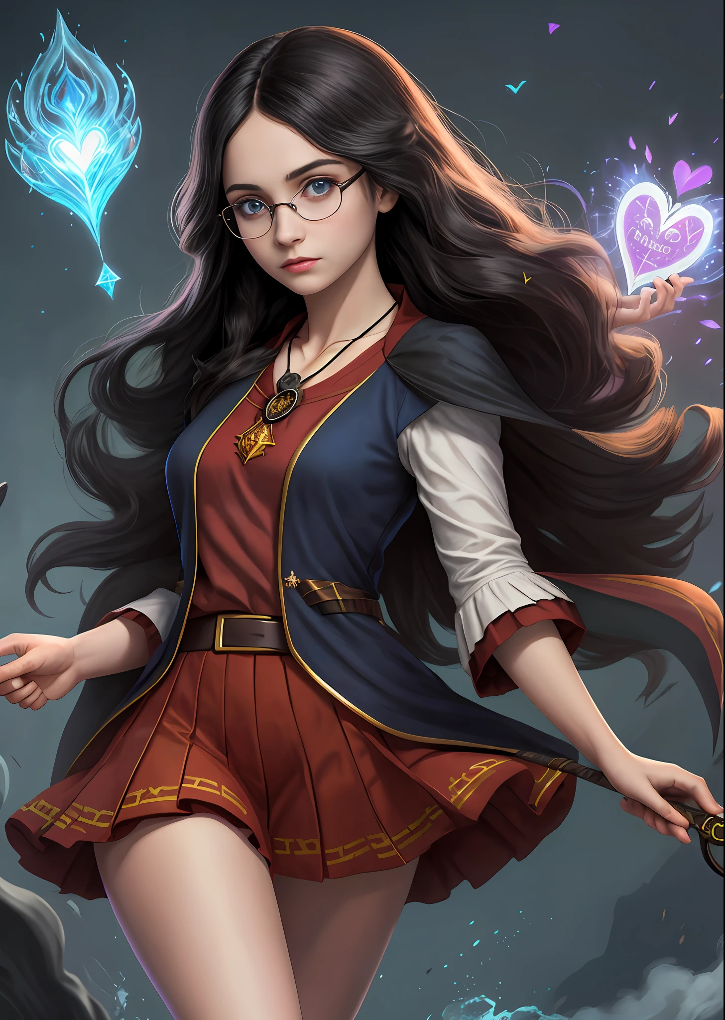 ((Solo)), feminine, long black hair, blue eyes, with gryffindor dr harry potter uniform, glasses, piercing gaze, delicate face, little heart necklace, large thighs, small breasts, holding a wand releasing magic, a magical book that is floating beside her