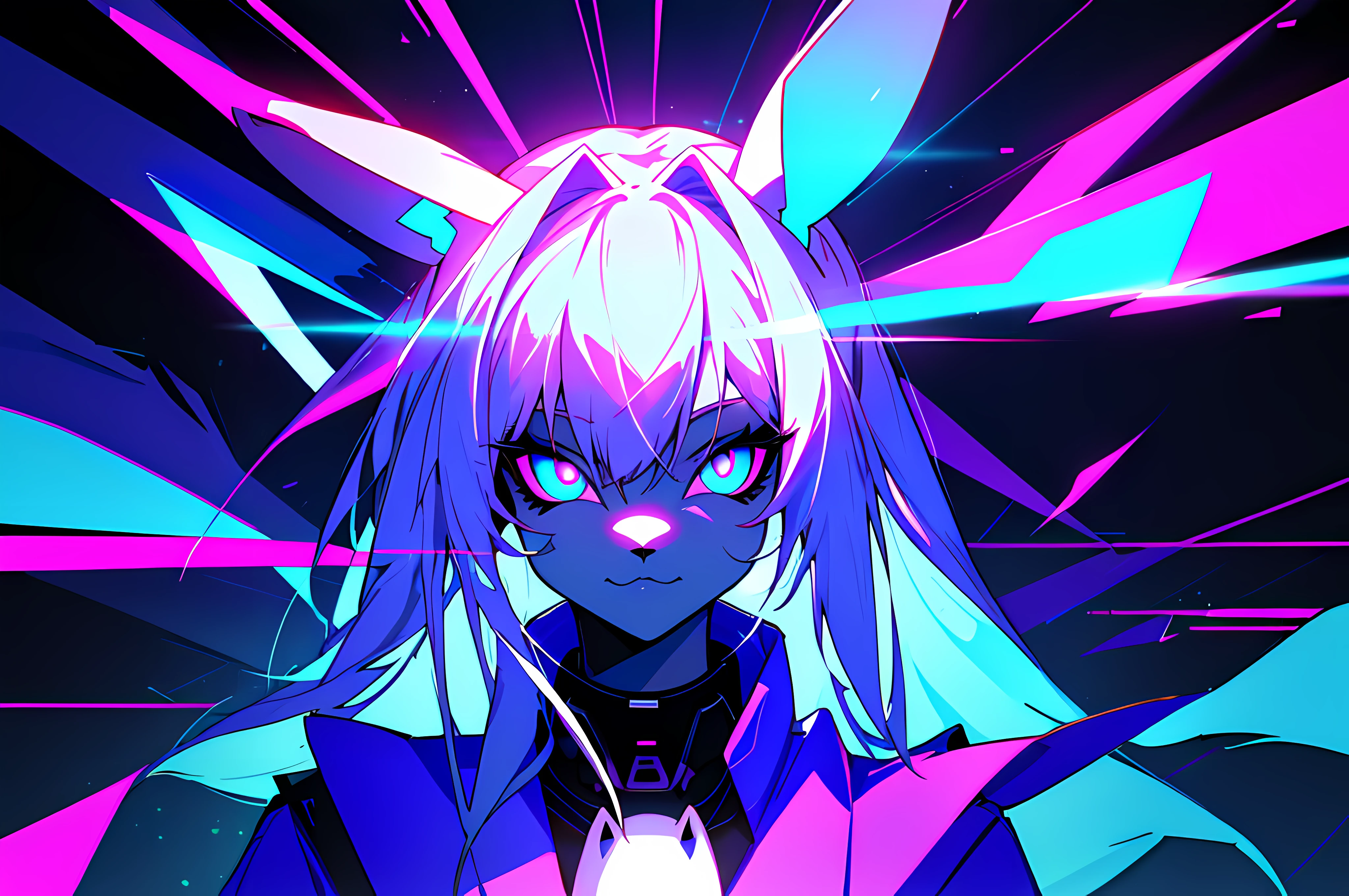 (vintage vhs), (crt screenshot), (Zen, Amy Sol style), scene from a show about a blue anthro furry kemono rabbit who investigates internet crime, (vast decrepit scenery:1.2) blame! style, furry azure blue bunny rabbit in a purple shirt with a black background, cute intense bunny, blue anthropomorphic bunny rabbit, with glowing eyes, anthro portrait, head-on portrait, nightmarish illustration, glowing eyes everywhere, intense eye contact, hybrid human / anthro, electrixbunny, rabbit anthro portrait, ((portrait)), bunnypunk, weirdcore voidpunk fursona, wearing bunny ears, cover art with light abstraction, abstract, simple vector art, contemporary Cybernetic art, color gradients, soft color palettes, layered forms, whimsical animation, style Ethereal abstract, 4K, --v6