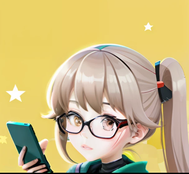 Anime girl with glasses holding a cell phone in her hand