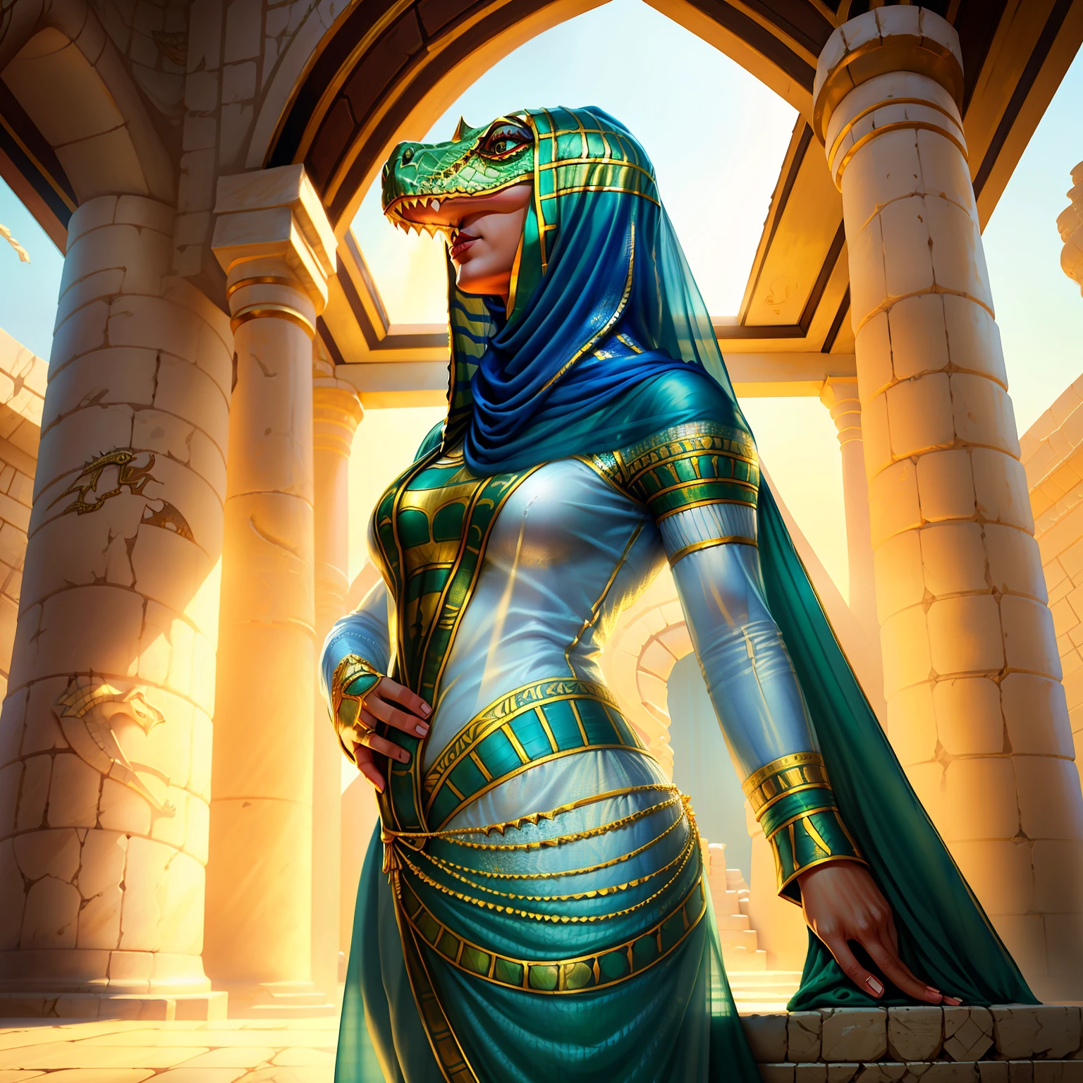 mulher lagarto, crocodile head, Veil and Egyptian-style clothing, Vestido Ceda, vestido branco, Linda, corpo perfeito, Egyptian palace background, Tomado, natural lightting