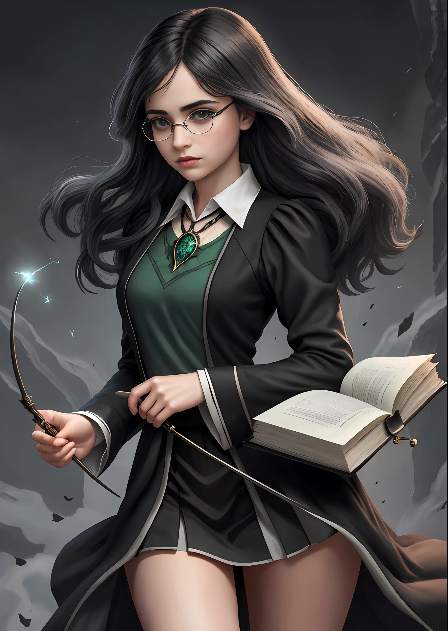 ((Solo)), feminine, long black and white hair, gray eyes, with harry potter slytherin uniform, glasses, beautiful look, delicate face, little heart necklace, large thighs, medium breasts, holding a wand releasing magic, a magic book that is floating next to her