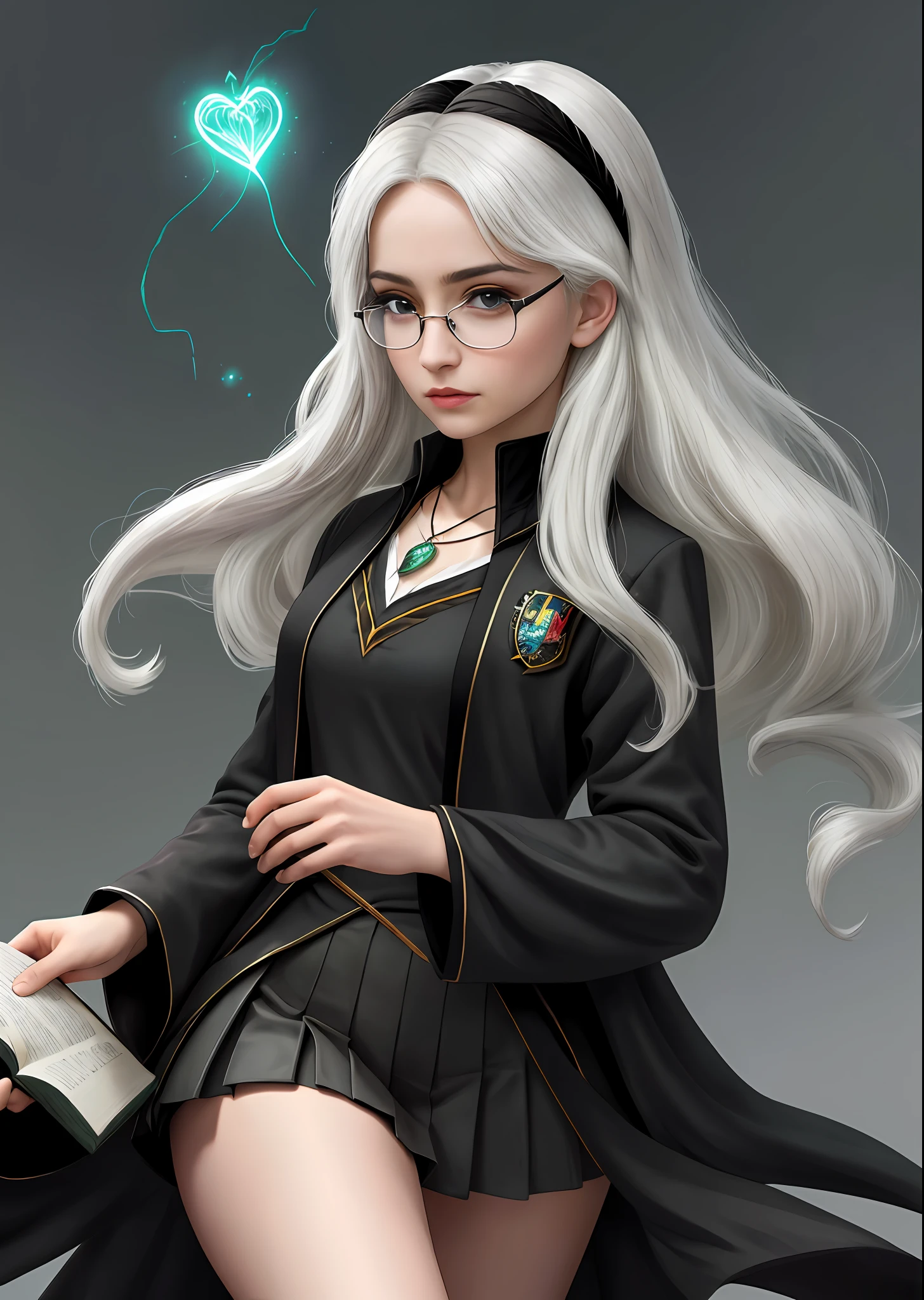 ((Solo)), feminine, long black and white hair, gray eyes, with harry potter slytherin uniform, glasses, beautiful look, delicate face, little heart necklace, large thighs, medium breasts, holding a wand releasing magic, a magic book that is floating next to her