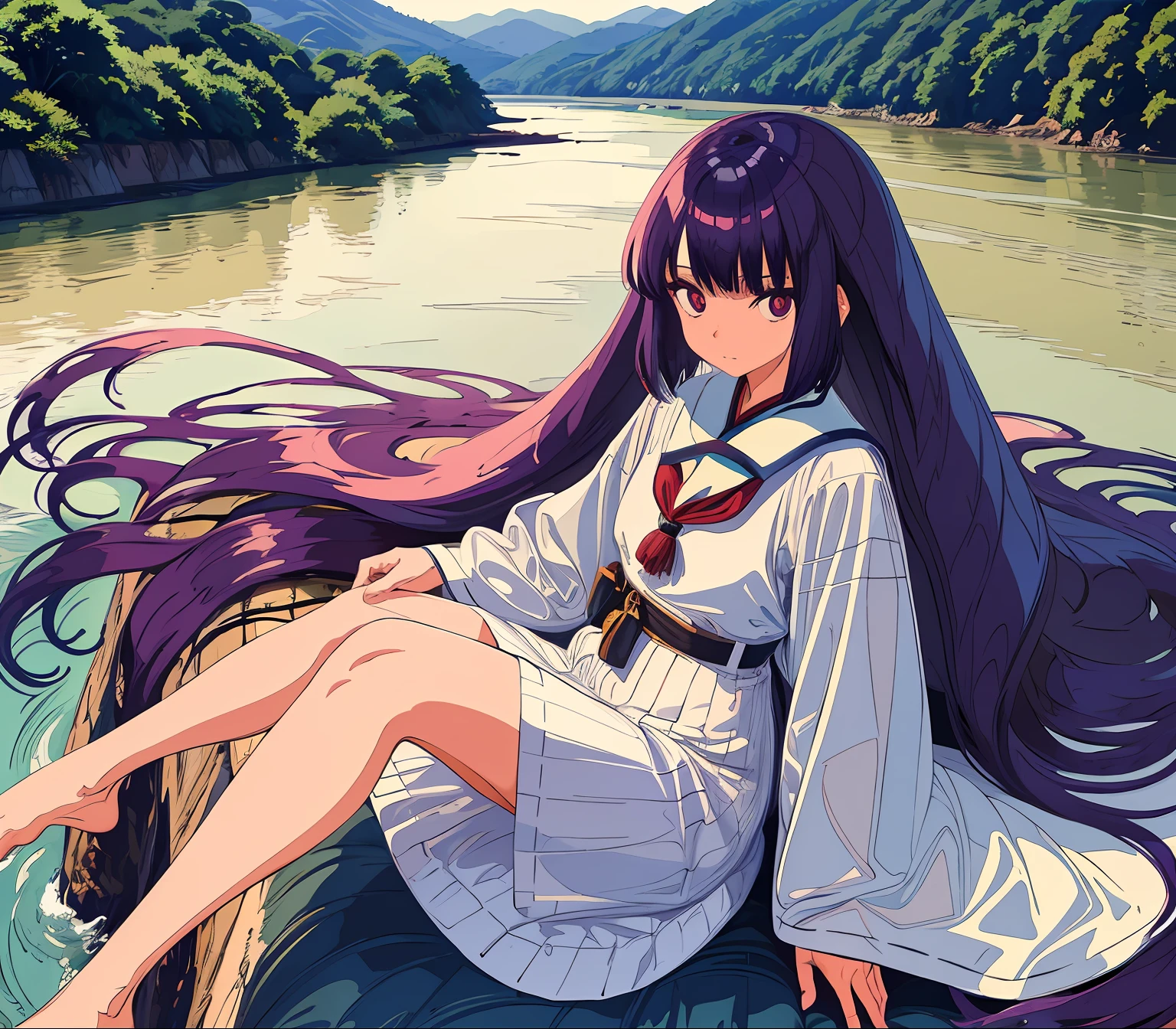 1girl, 168 centimeter height, very long navy blue hime cut hair, purple and red pupils, clean white east asia tribe cloth, innocent expression, forest river background, butterflies