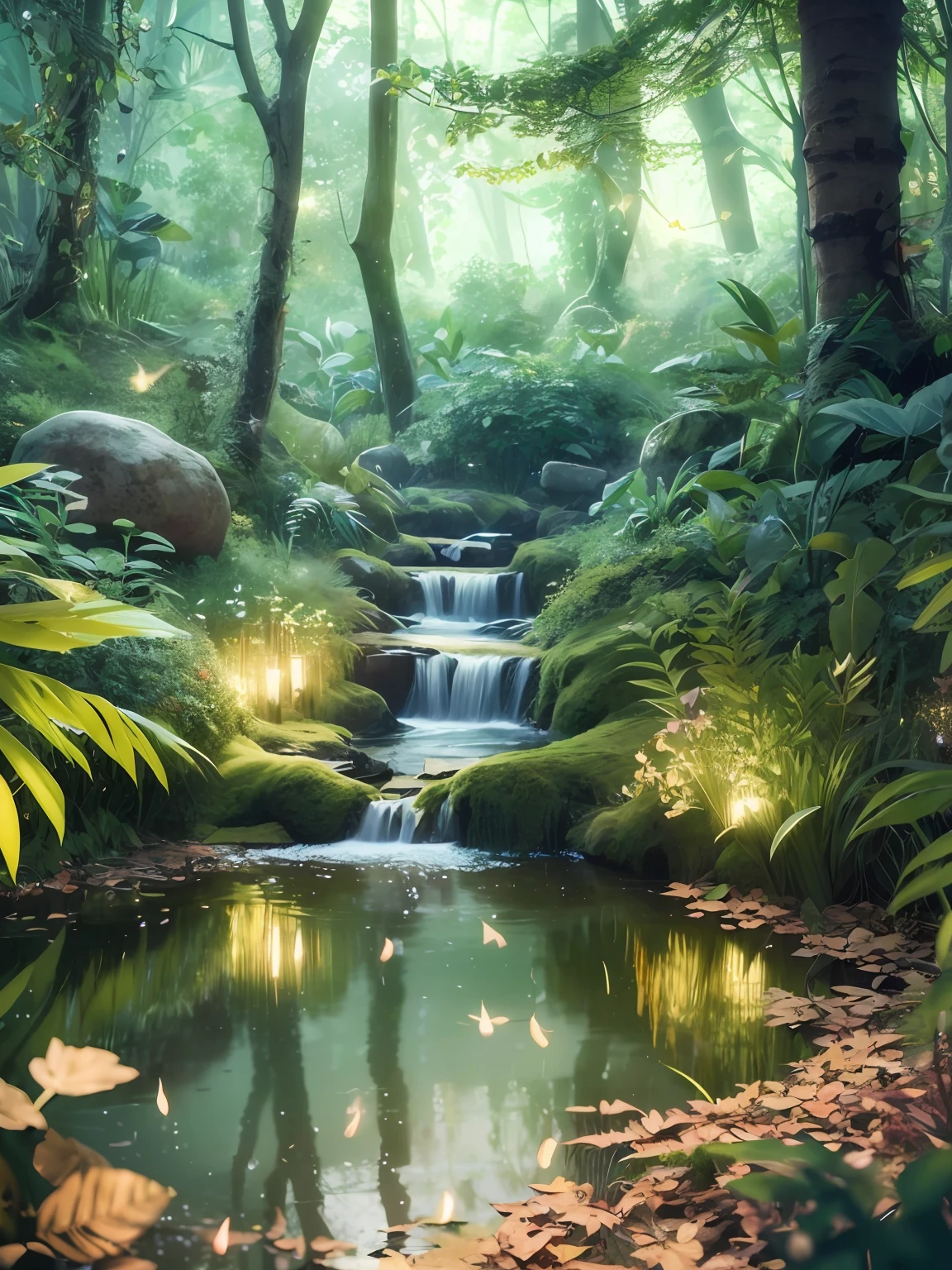 Masterpiece, best quality, extremely beautiful reflection, best reflection. (Very detailed CG unity 8k wallpaper), (best quality), (best illustration), (best shadow), girl, silk, slime, delicate makeup, forest theme with natural elements. Tall trees, quiet streams, glowing small mushrooms, surrounded by delicate leaves and branches, and fireflies and glowing particle effects, (natural elements), (jungle theme), (leaves), (branches), (fireflies), butterflies, (delicate leaves), (glow), (particle effects). , isometric 3D, Octane rendering, ray tracing, super detailed