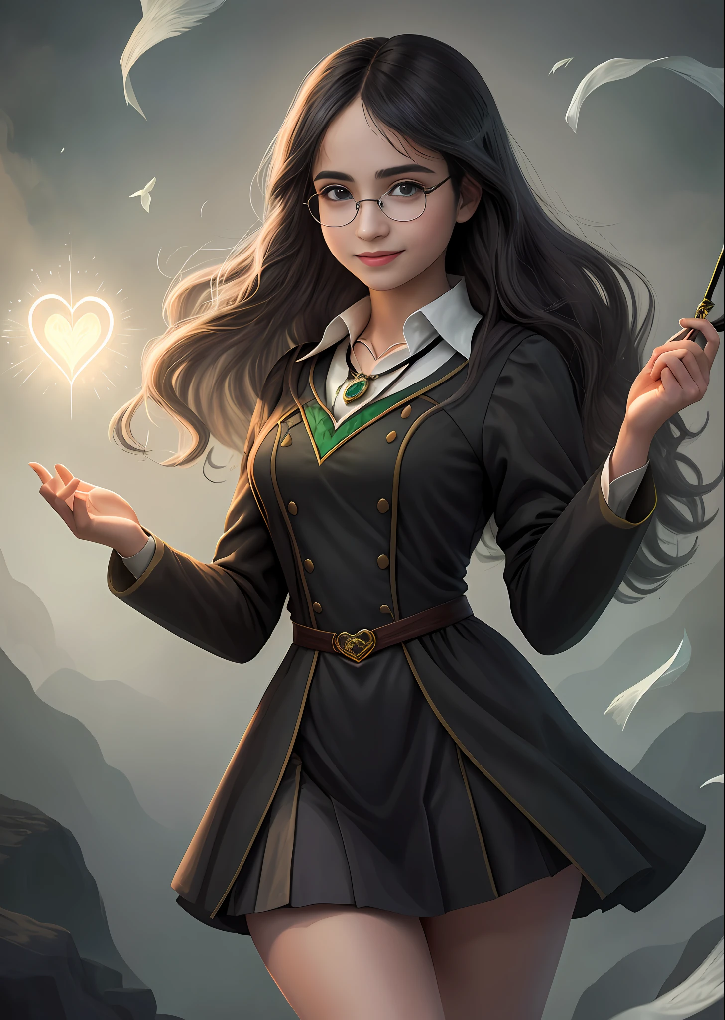 ((Solo)), feminine, long hair half black and white, gray eyes, with harry potter slytherin uniform, glasses, beautiful look, delicate face, little heart necklace, large thighs, medium breasts, holding a wand releasing magic, a magic book that is floating next to her, and a beautiful smile