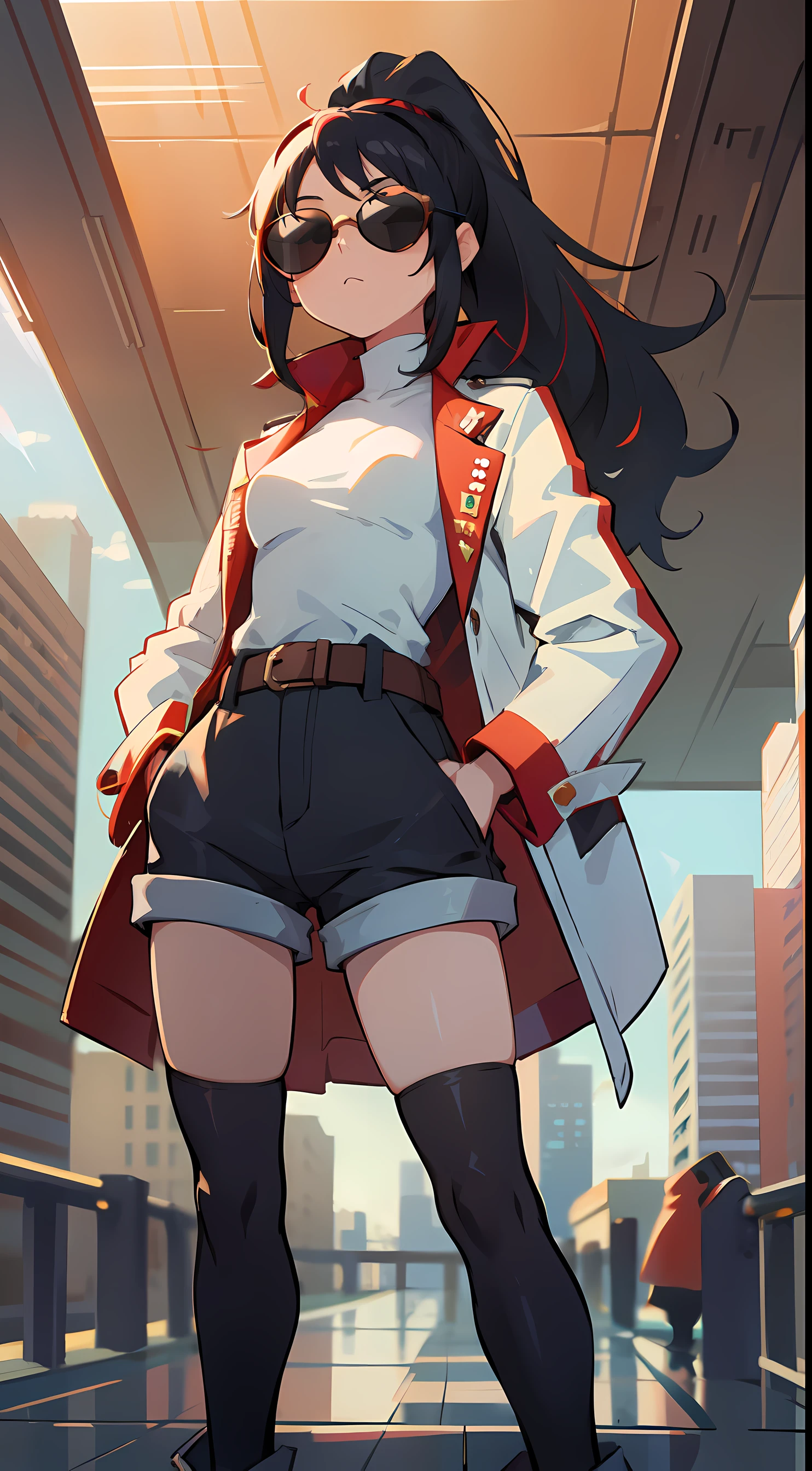 masterpiece, best quality, sharp focus, absurdres,  1girl, overcoat, white coat, modern clothes, black bodysuit, belt, white shorts, cloth accesories, ((black hair)), (red hair), (gradient hair:1.2), ponytail, wavy hair, ((sunglasses, aviator sunglasses)), cigarette on mouth, smoke, small breasts, ember color eyes,  full body shot, cold, serious, hands on pockets, (building ceiling background, outdoors, cityscape, scenery), sunrays, professional art, volumetric light, light rays, bokeh