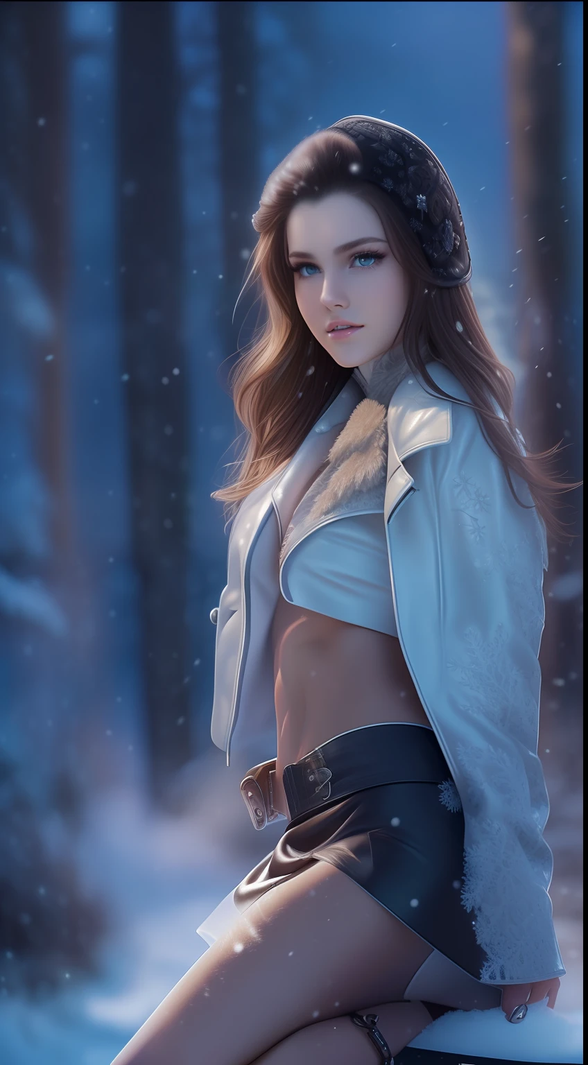 (21 years old, pale, fit, slender, high detail skin, brunette, silver hair, long hair), toned legs, thighs, boobs, breasts, blue eyes (((Setting: snowy forest at night, moonlight, nighttime,snow falling from the sky))) photo, realistic, High resolution, 8K, clear, ((full studio lighting)), (((dramatic lighting))), detailed, extremely detailed, sharp focus, intricate, beautiful, realistic+++, high quality, hyper detailed, masterpiece, best quality, artstation, stunning, full body portrait (((Clothing:leather jacket, no shirt, skirt))), breasts, black thigh high socks, flowing skirt,leather boots, (Pose: lounging on the ground, looking at the camera, seductive, upskirt, pussy), full body, cute