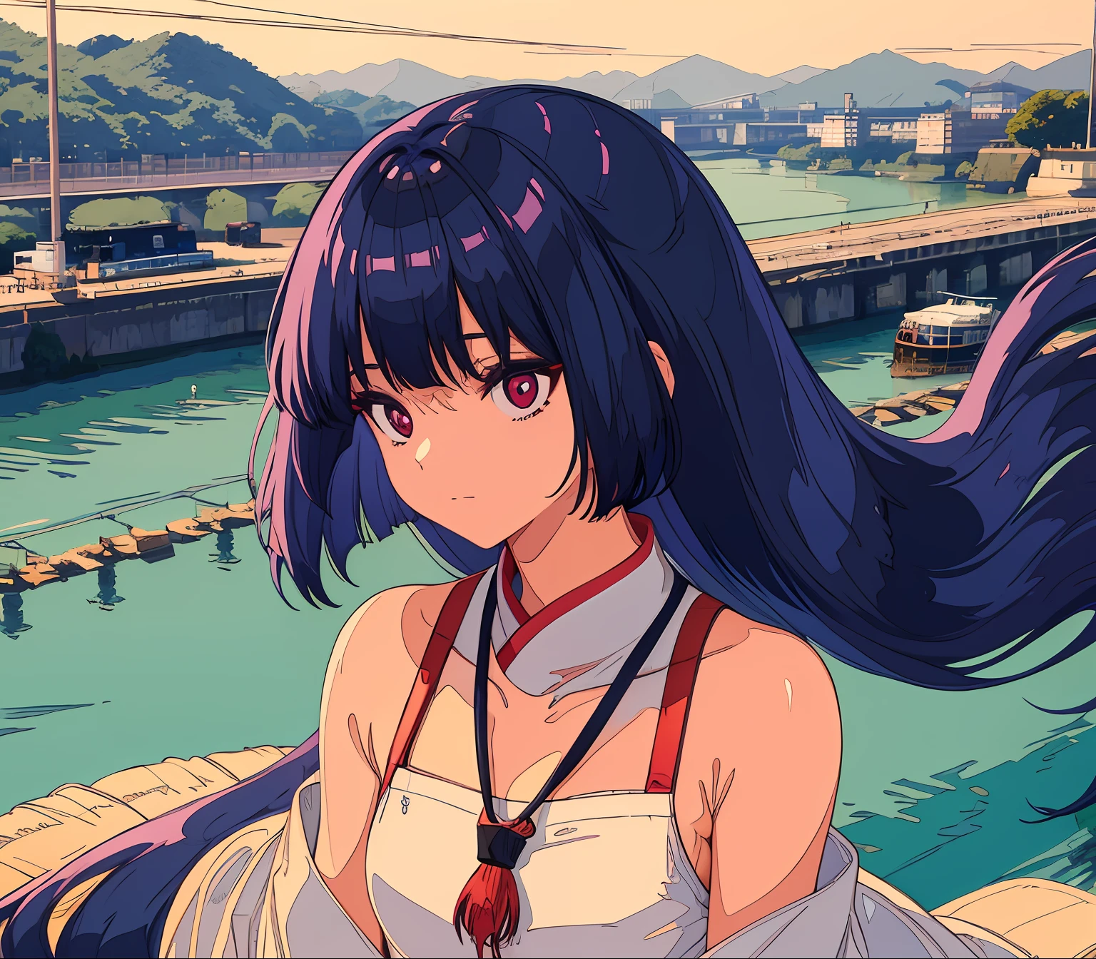 1girl, 168 centimeter height, very long navy blue hair, purple and red pupils, clean white east asia tribe cloth, innocent expression, river background