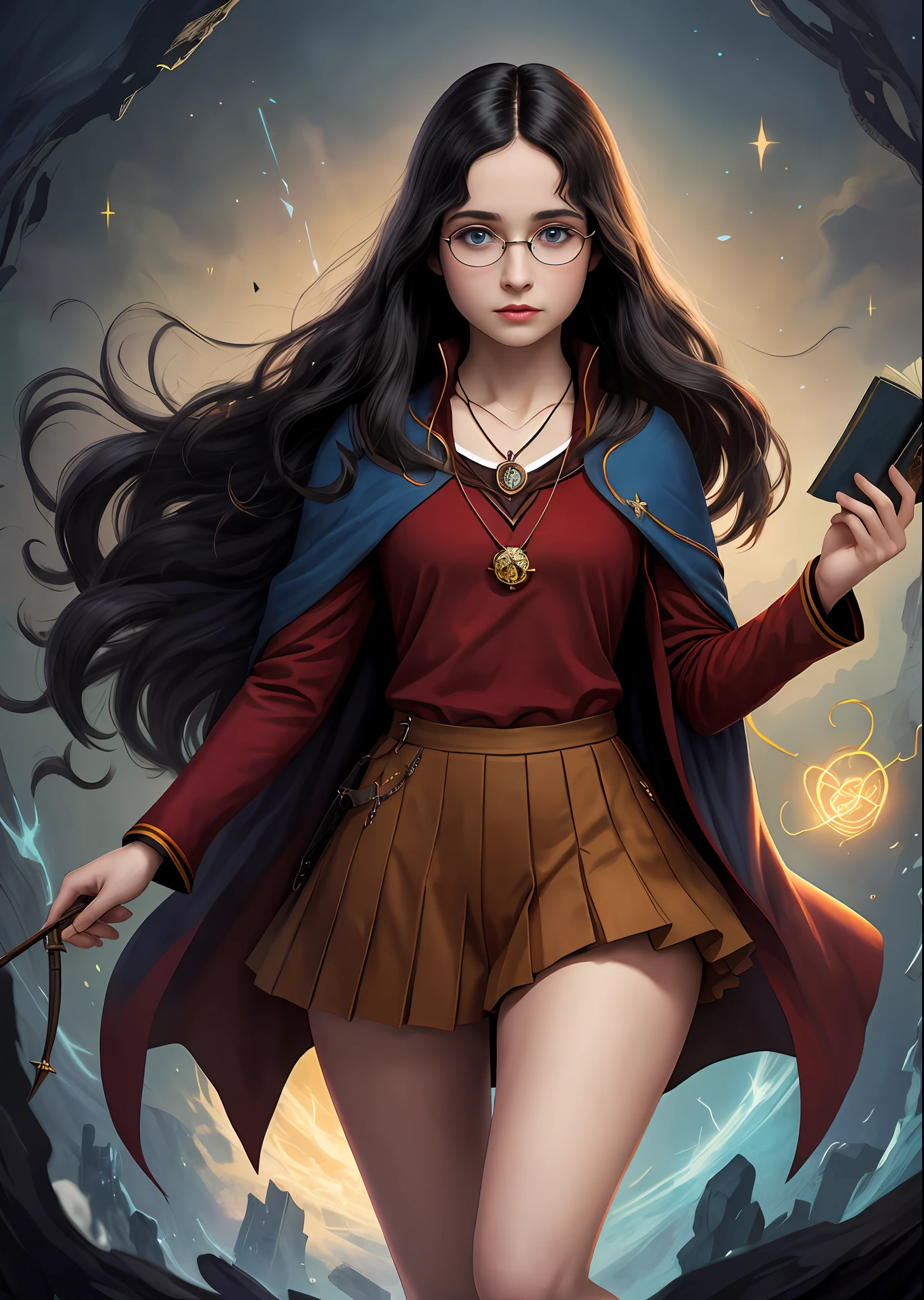 ((Solo)), female, long black hair, blue eyes, with gryffindor uniform dr harry potter, glasses, beautiful look, delicate face, little heart necklace, large thighs, medium breasts, holding a wand releasing magic, a magic book that is floating beside her