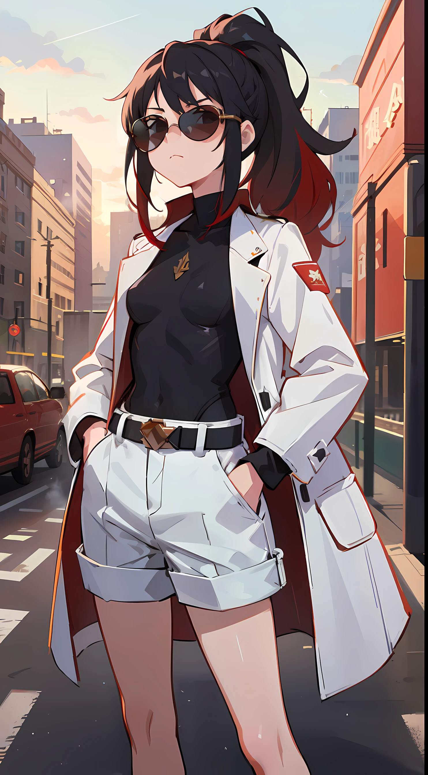 masterpiece, best quality, sharp focus, absurdres,  1girl, overcoat, white coat, modern clothes, black bodysuit, belt, white shorts, cloth accesories, ((black hair)), (red hair), (gradient hair:1.2), ponytail, wavy hair, ((sunglasses, aviator sunglasses)), cigarette on mouth, smoke, small breasts, ember color eyes,  full body shot, cold, serious, hands on pockets, (building ceiling background, outdoors, cityscape, scenery), sunrays, professional art, volumetric light, light rays, bokeh