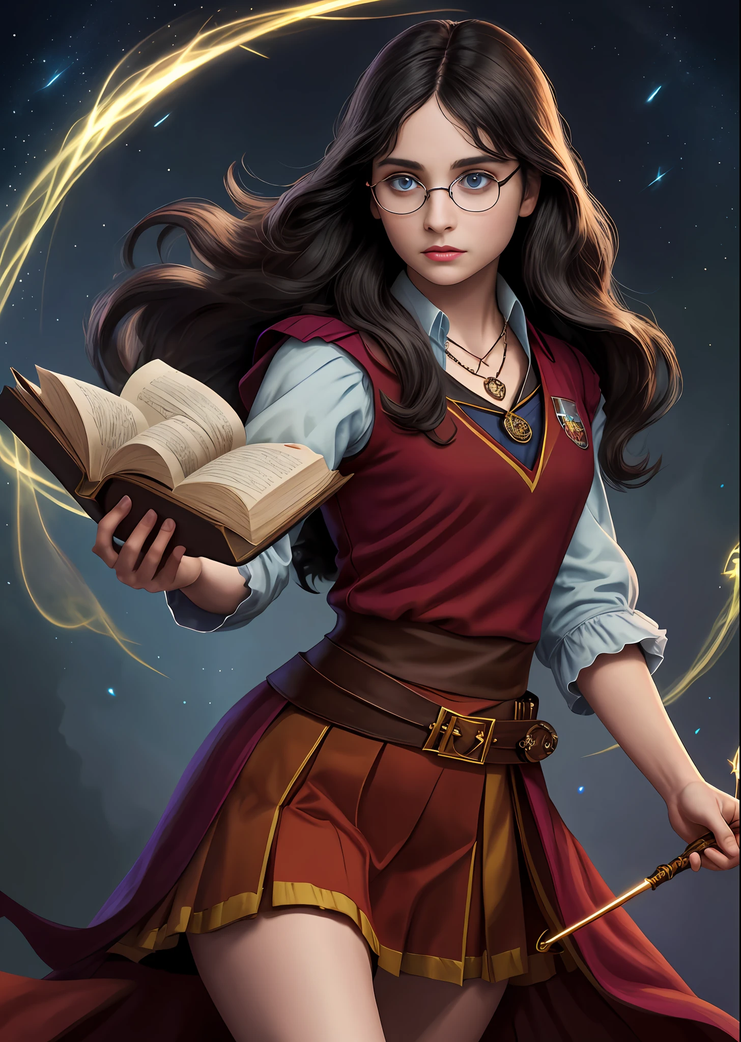((Solo)), male, long black hair, blue eyes, with gryffindor dr harry potter uniform, glasses, beautiful look, delicate face, little heart necklace, large thighs, holding a wand releasing magic, a magic book that is floating beside her