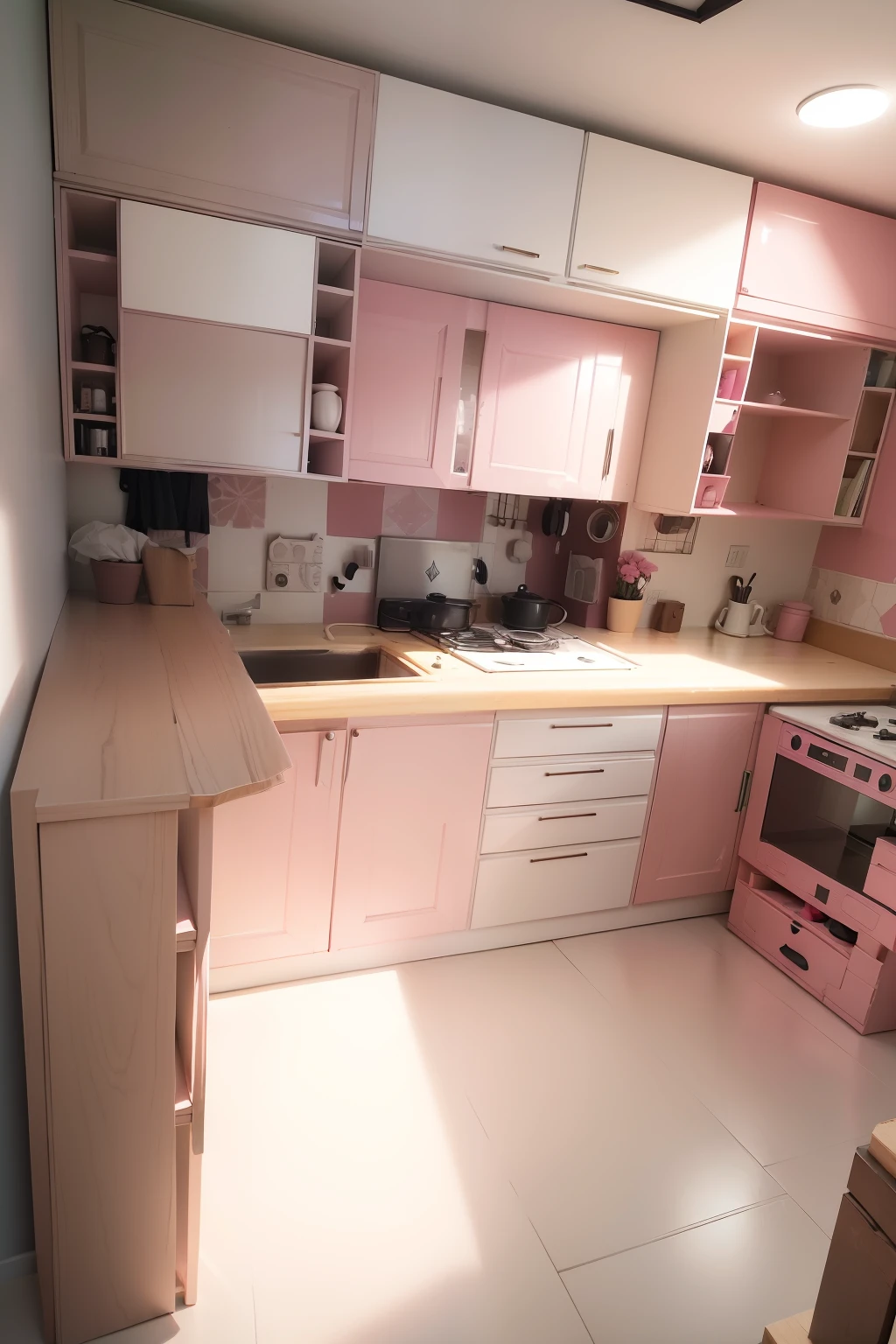 ((Mueble pintado en 2 tonos de color rosa viejo)) piso color natural cosina y detalles en negro, ventana ennla pared muy luminosa