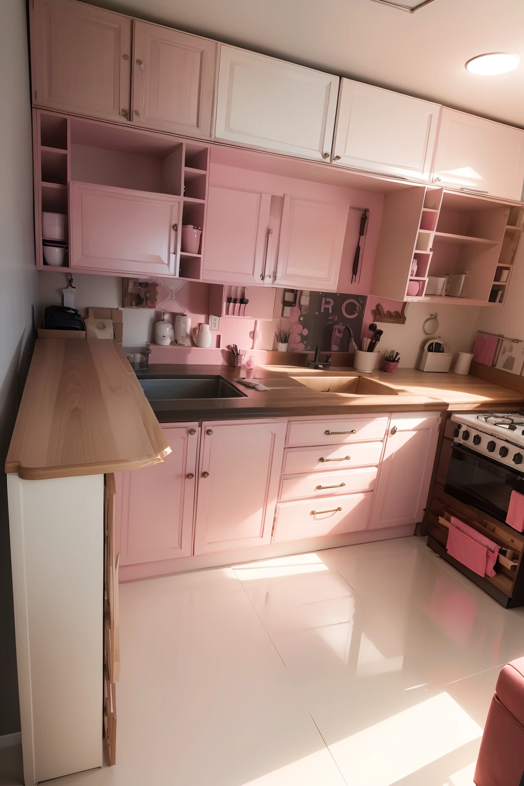 ((Mueble pintado en 2 tonos de color rosa viejo)) piso color natural cosina y detalles en negro, ventana ennla pared muy luminosa