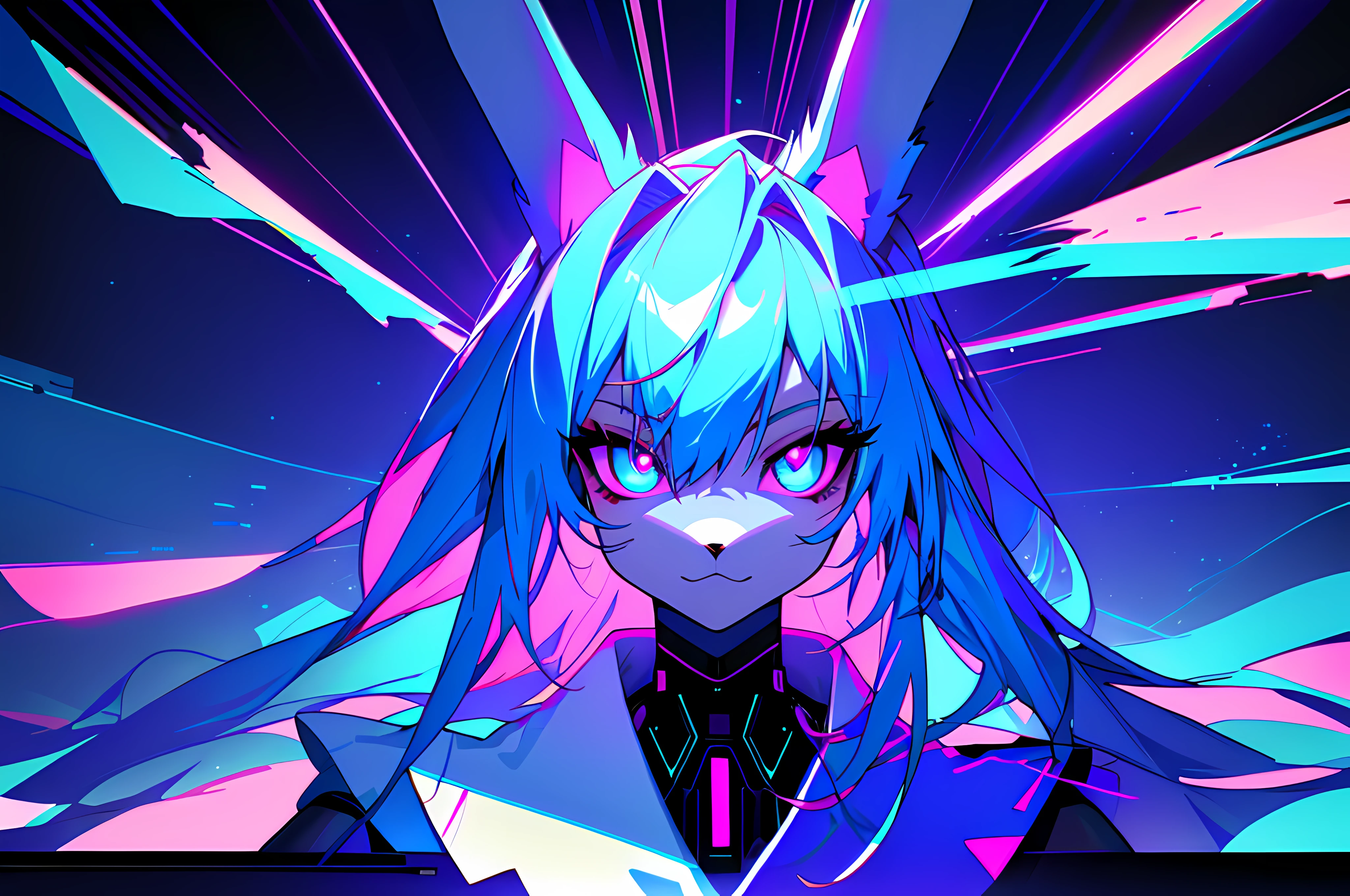 (vintage vhs), (crt screenshot), (Zen, Amy Sol style), scene from a show about a blue anthro furry kemono rabbit who investigates internet crime, (vast decrepit scenery:1.2) blame! style, furry azure blue bunny rabbit in a purple shirt with a black background, cute intense bunny, blue anthropomorphic bunny rabbit, with glowing eyes, anthro portrait, head-on portrait, nightmarish illustration, glowing eyes everywhere, intense eye contact, hybrid human / anthro, electrixbunny, rabbit anthro portrait, ((portrait)), bunnypunk, weirdcore voidpunk fursona, wearing bunny ears, cover art with light abstraction, abstract, simple vector art, contemporary Cybernetic art, color gradients, soft color palettes, layered forms, whimsical animation, style Ethereal abstract, 4K, --v6