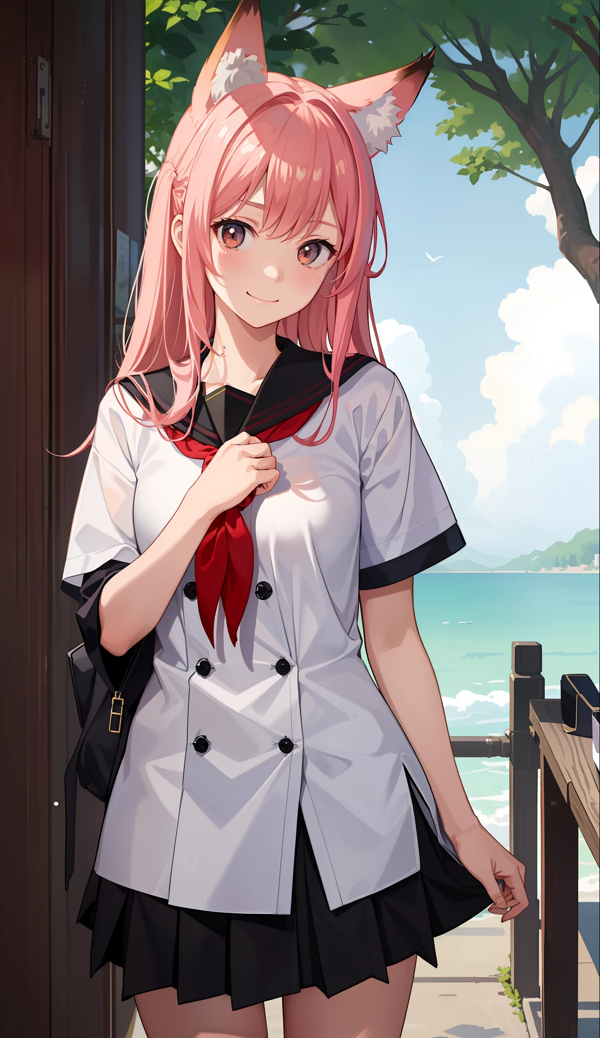 1girl in、A smile、The shirt、skirt by the、(small tits)Chilarism、Japan High School Student Uniform、serafuku、summer clothing、Squall Drenched Uniform、show brassiere、Fox ears、(Upper body portrait)、