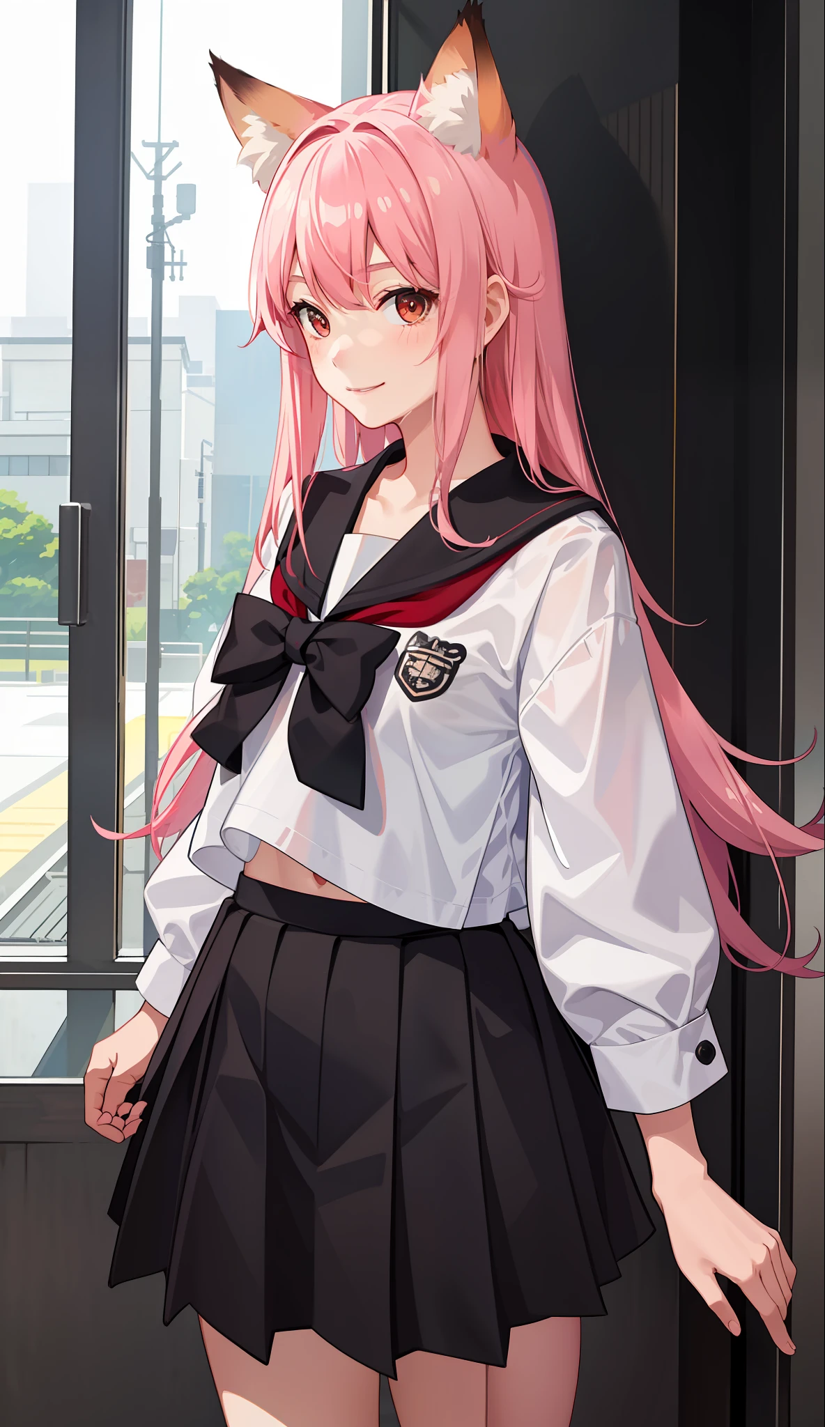 1girl in、A smile、The shirt、skirt by the、（small tits）Chilarism、Japan High School Student Uniform、serafuku、summer clothing、Squall Drenched Uniform、show brassiere、Fox ears、（Upper body portrait）、