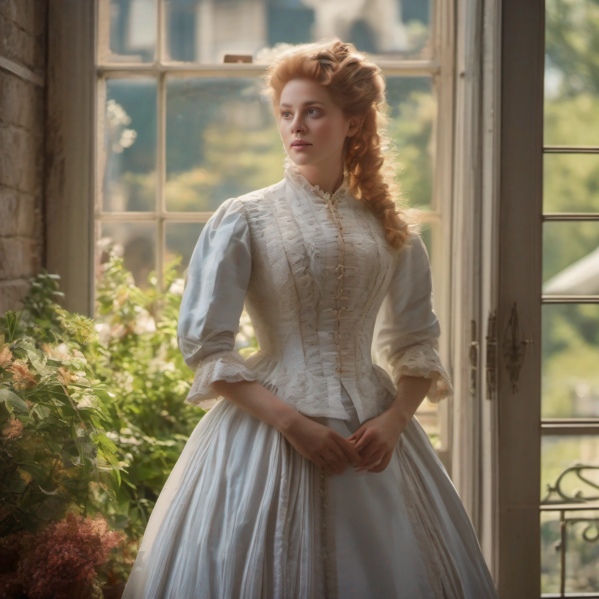 (Masterpiece, Best Quality, High Quality, Highres:1.4), Detailed, Extremely Detailed, Ambient Soft Lighting, 4K, Ornate, Indoors, (Renaissance, Vintage:1.4), Plants, Window, 1Gril, (Solo:1.4), (Milf:1.2), Standing, Upper Body, (Face Focus:1.2), (Extremely Detailed Hair:1.2), There is a beautiful woman, blonde with blue eyes, (in a white dress), (Victoria style suit), 1 8 7 0 s Seasonal clothing, Victorian clothing, victory, Victorian dress, 1 8 8 0 s style, in Victorian aristocrat, wearing Victorian clothing, Intricate Victorian dress, Victorian-inspired clothing, with Victorian clothing, wearing clothing from the 1870s, ((Full Body:1.2))