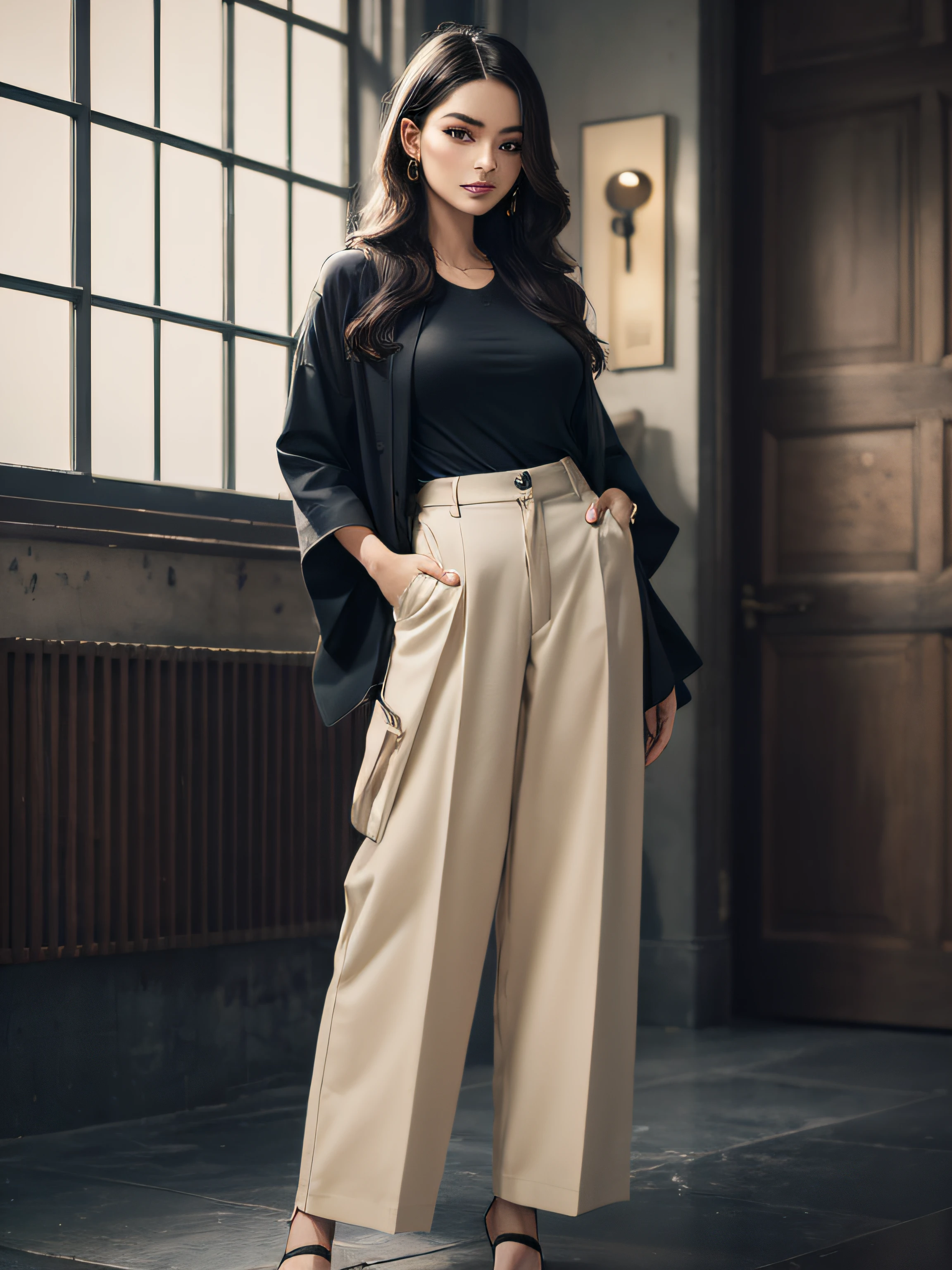 (Full body photo of supermodel woman in outfit incorporating this year's trendy colors), Beige slacks, Baggy pants, Large pants, Military pants, simple style, wide leg hakama trousers, frilled blouse, Goddess of Beauty, asymmetric hair, Lustrous hair, Dynamic Posing, symbol-shaped pupils, Hollow eyes, eyeballs, makeup, Bright pupils, Seductive smile, Realism, Hyper-Realism, Modern, Fujicolor, Cinematic lighting, Fuji Film, nffsw, retinas, masutepiece, ccurate, Textured skin, Anatomically correct, Super Detail, high details, High quality, hight resolution, Best Quality, awardwinning, 1080p, hard disk, 4K, 8K