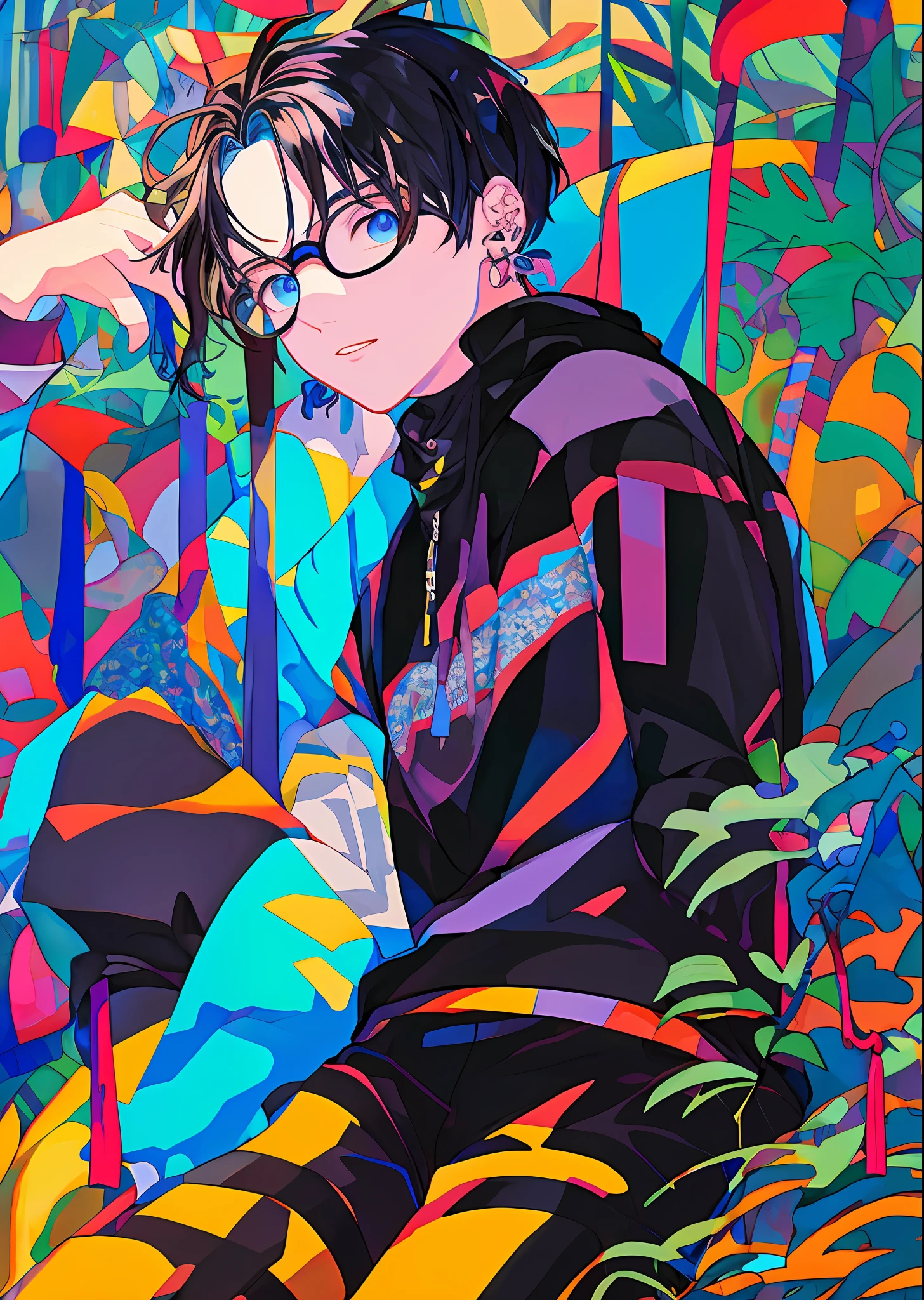 ((Solo)), boy, black hair purple locks, blue eyes, mediad thighs, black sweatshirt, sitting, ears and cat's tail, glasses, blue small heart necklace