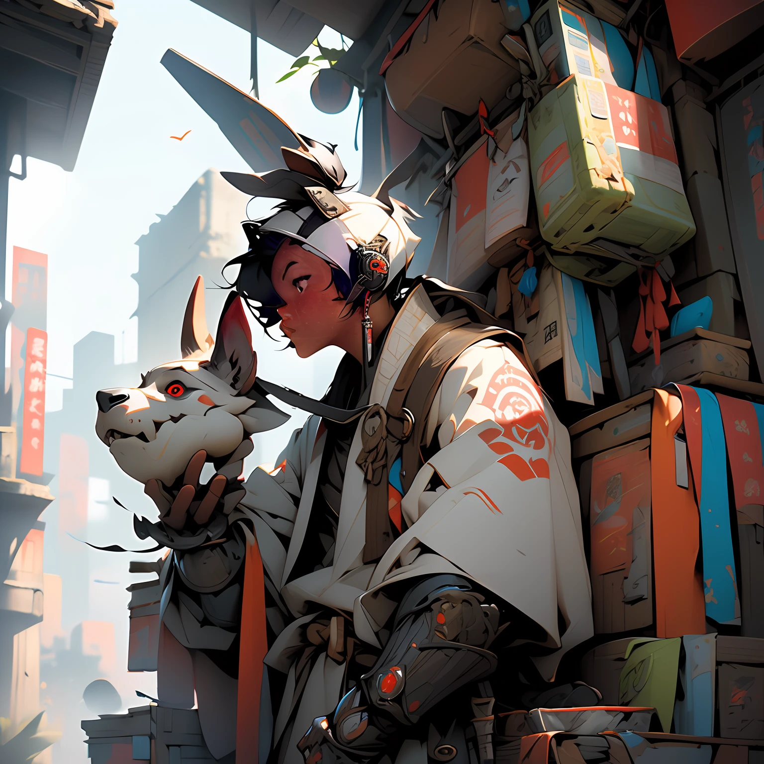 ((holy Angel)),Create an AI illustration of a young girl with black short hair, shiny hair, colored inner hair, floating hair, red eyes, (eyepatch), and headphones. She resembles a samurai, (She wears Japanese armor), She wears armor while pairing it with a miniskirt, showcasing her unique style. Please generate the illustration in the highest quality possible. oblique view view, facial profile, hyper detailed, intricate detailed, Wide shot of ruins, in a photorealistic 4DCG style.