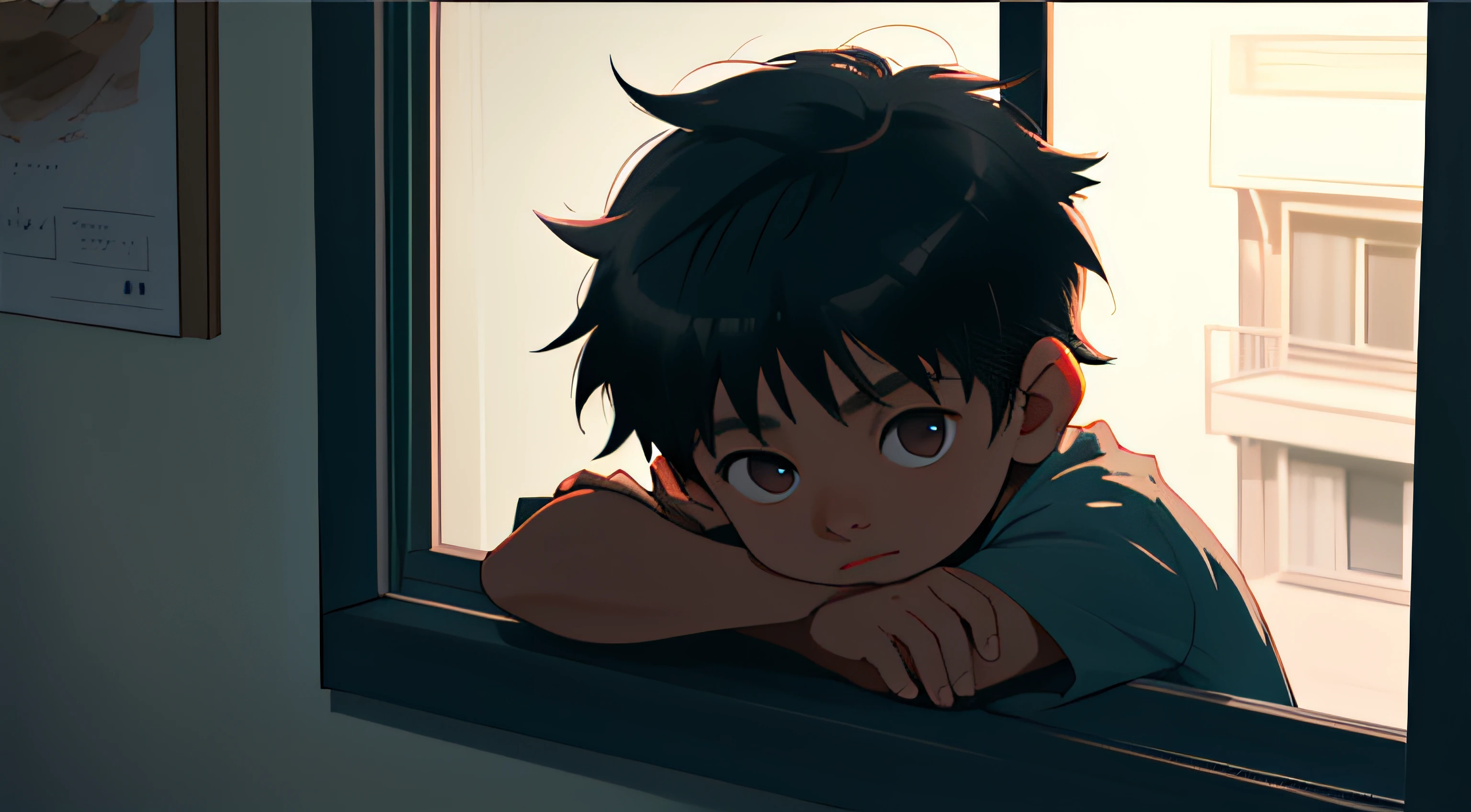 closeup of a boy seeing outside of the window at night