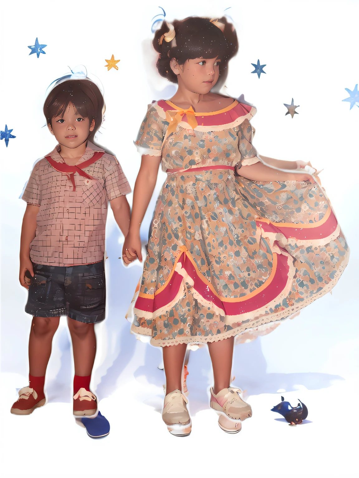 repintar parte selecionada: ((obra-prima))), melhor qualidade, illustration, lindodetalheedglow, Papel_cortar, tree, ....There are two children standing next to each other holding hands, imagem antiga, childhood friend, foto antiga,, ....lua, nuvem, estrelas, passaros, Astros, universo, constructions, ((Realismo)), Fotografia RAW da mais alta qualidade, ..........lua, universo, (((master part))), best quality, heaven, Cloud, water, estrela, tree, noite, ........lua, Building, estrela \(heaven\), night sky, scenecy, starly sky, pintura em aquarela, fundo claro, melhor qualidade detalhes requintados, 3D rendering, octan render, (((ultra realistic))), (((Original reference))), ((Semelhante ao original)), ((The original photo doesn't change)), extremely detailed lighting, Lighting rich in shadow and light details, kinematic lighting, flutuando nas nuvens