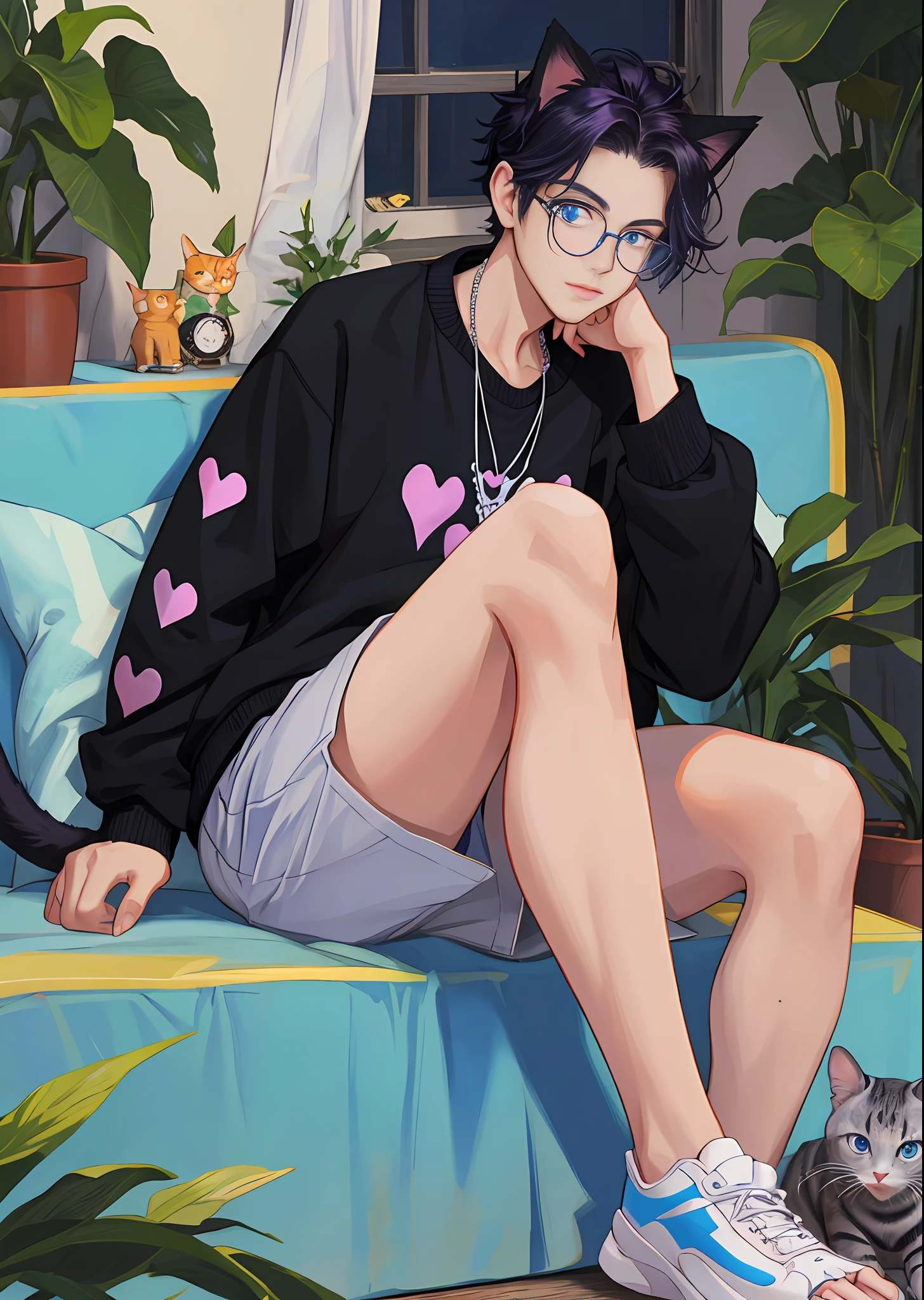 ((Solo)), boy, black hair purple locks, blue eyes, mediad thighs, black sweatshirt, sitting, ears and cat's tail, glasses, blue small heart necklace