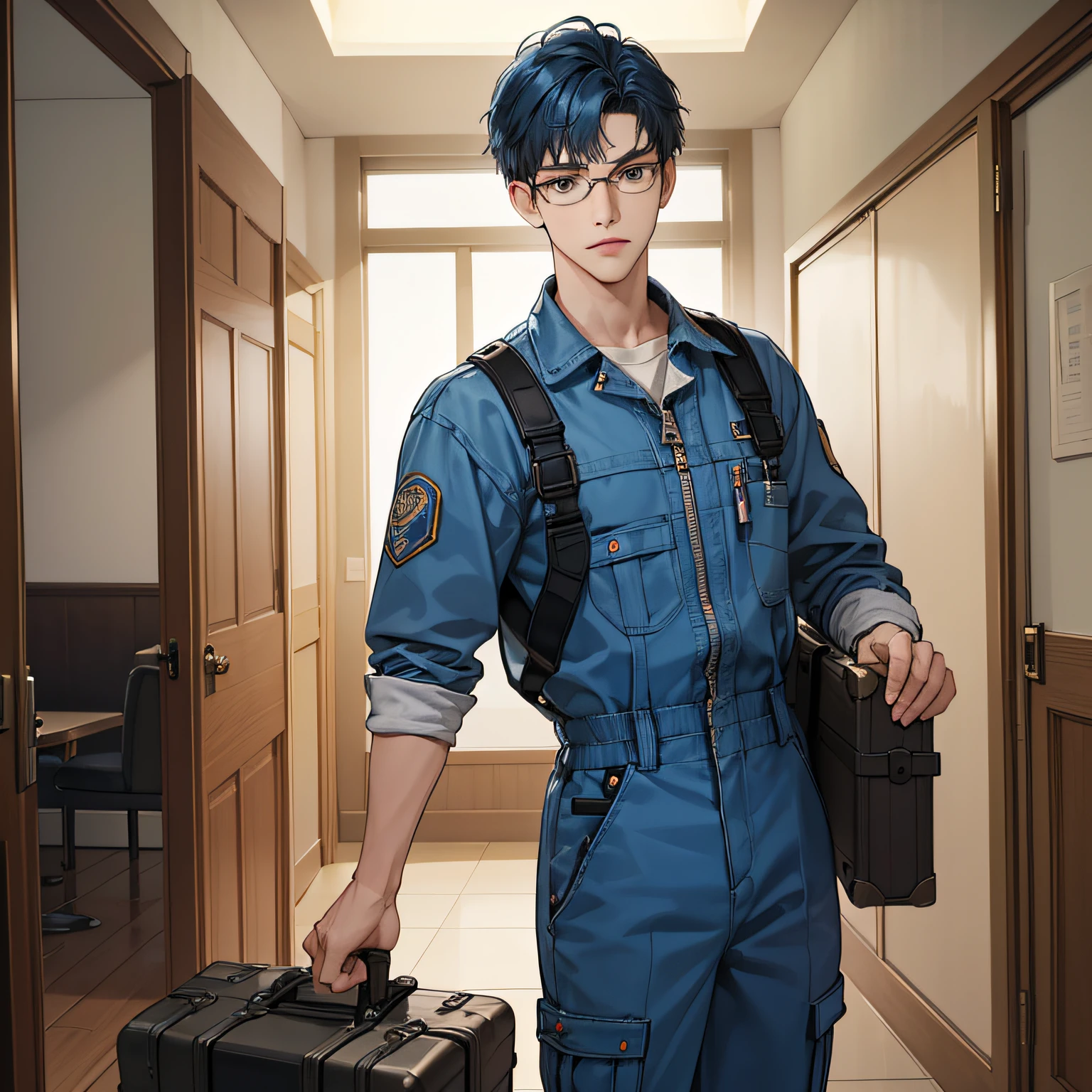 (in 8K、topquality、tmasterpiece:1.2)、1 boy、Skinny macho、pretty eyes, beutiful、ah high, student, Upper torso, Short blue hair, with glasses on, Full gray auto mechanic jumpsuit, stands in the corridor of the hotel, Frame through the door frame, A suitcase with tools in his hand, looks to the left