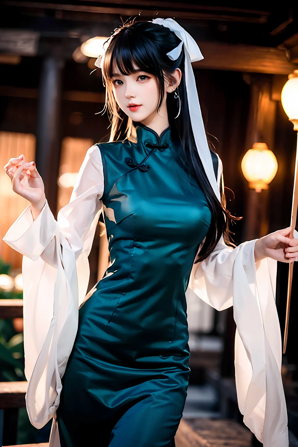 There is a girl in a green dress, clubs,palaces,oriental architecture ray tracing,{best qualtiy},{ {tmasterpiece}},Extremely detailed 8K wallpaper,{An extremely delicate and beautiful},coloured with lots of colour,intricately details,photorealestic,Realiy,Camera quality,(Carefully portray clothes),Cold white skin,(Carefully portray blush),1080p,suns,Soft cute,Smooth light silver hair,Messy beauty,lamplight,Sense of brokenness,The skin is shiny and silky,3D stereoscopic,tmasterpiece,The best quality,The illustrations are super detailed,beautidful eyes,Very delicate light,Fine luminescence,Very detailed 8K CG wallpaper,Peach blossom eyes,Red pupils,An extremely delicate and beautiful girl,8k wallpaper,best qualtiy,close-up all over the body,a white long skirt,Luxuriously silky bright red chiffon overshine(Illusion,glitters,Ultrathin,softness,)Hanfu,Upper body perspective,Lower body with bare legs