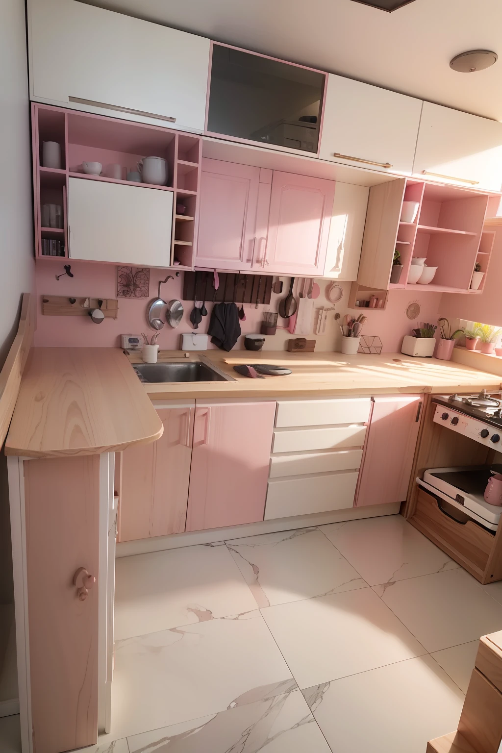 ((Mueble pintado en 2 tonos de color rosa viejo)) piso color natural cocina y detalles en negro, ventana en la pared muy luminosa bajo alacena