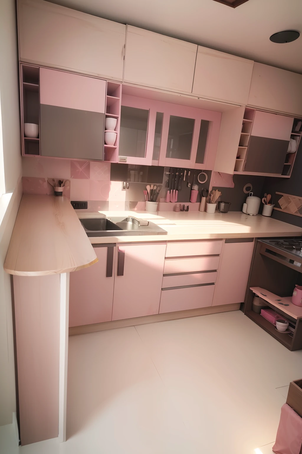 ((Mueble pintado en 2 tonos de color rosa viejo)) piso color natural cocina y detalles en negro, ventana en la pared muy luminosa bajo alacena