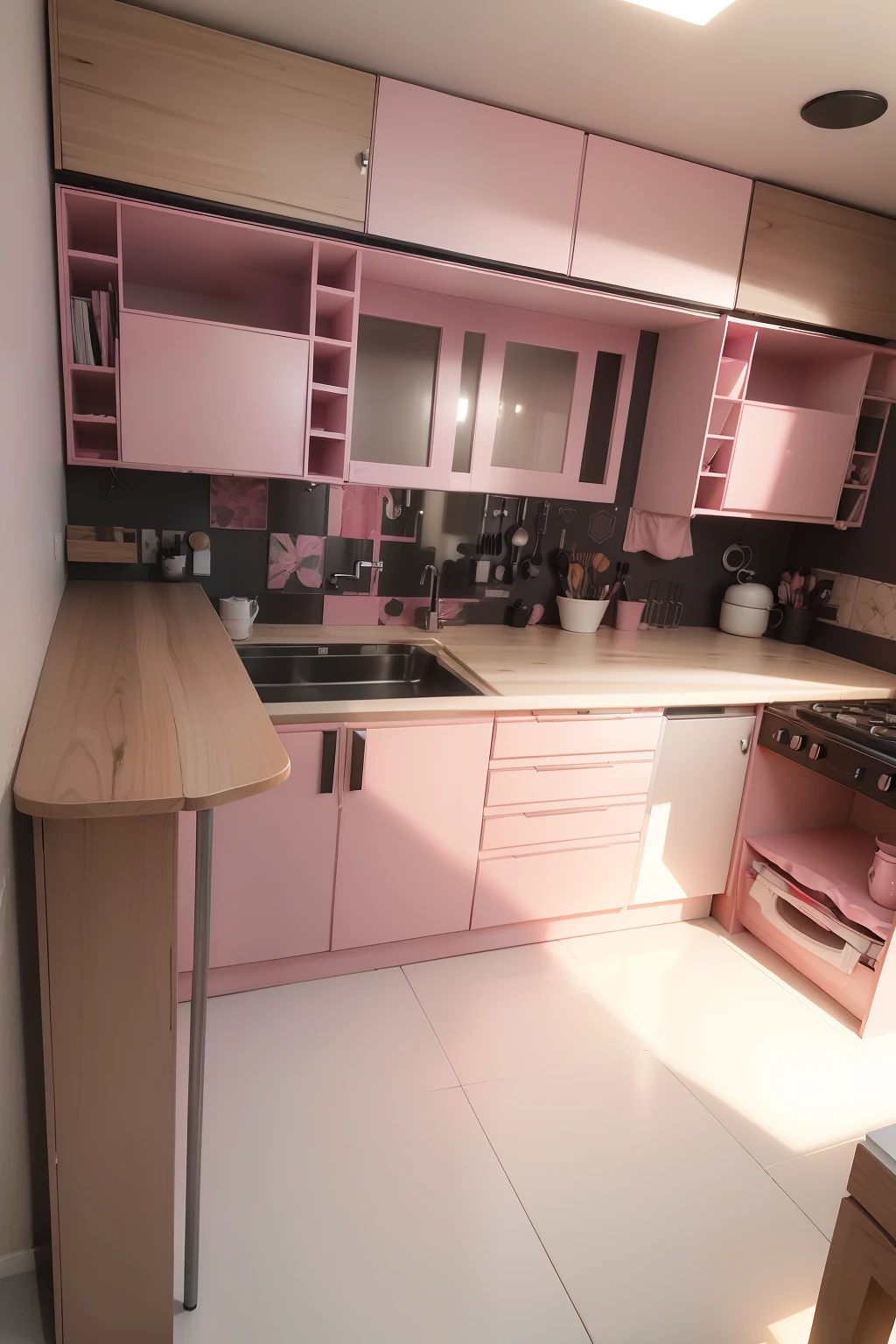 ((Mueble pintado en 2 tonos de color rosa viejo)) piso color natural cocina y detalles en negro, ventana en la pared muy luminosa bajo alacena