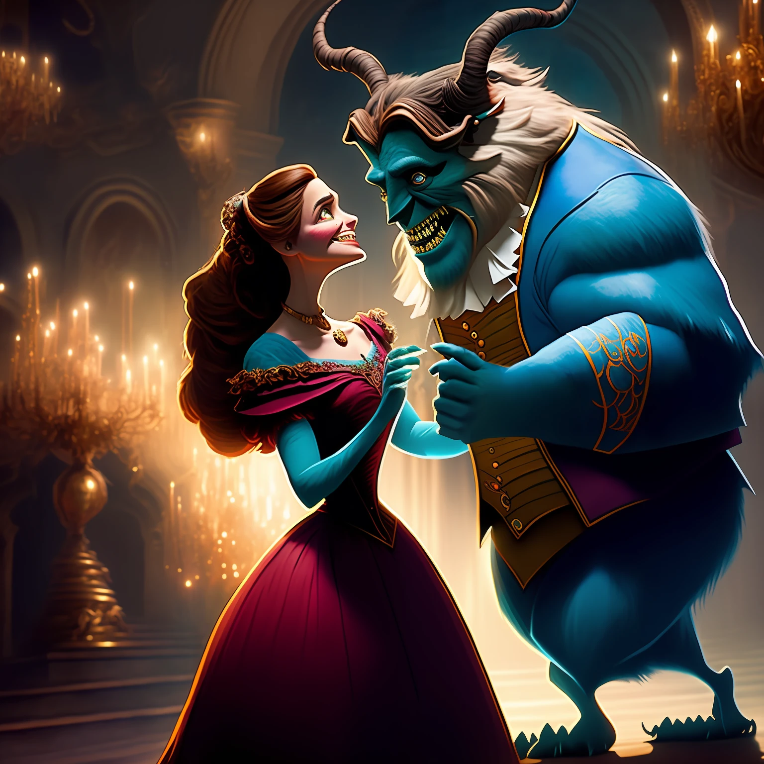 Beauty and the Beast, Movie, Crazy Monster Party movie, art in the style of disney, Michael Whelan and Pixar, film promotional image, depiction, still from a 2015 pixar movie, creatures dancing, miss aniela