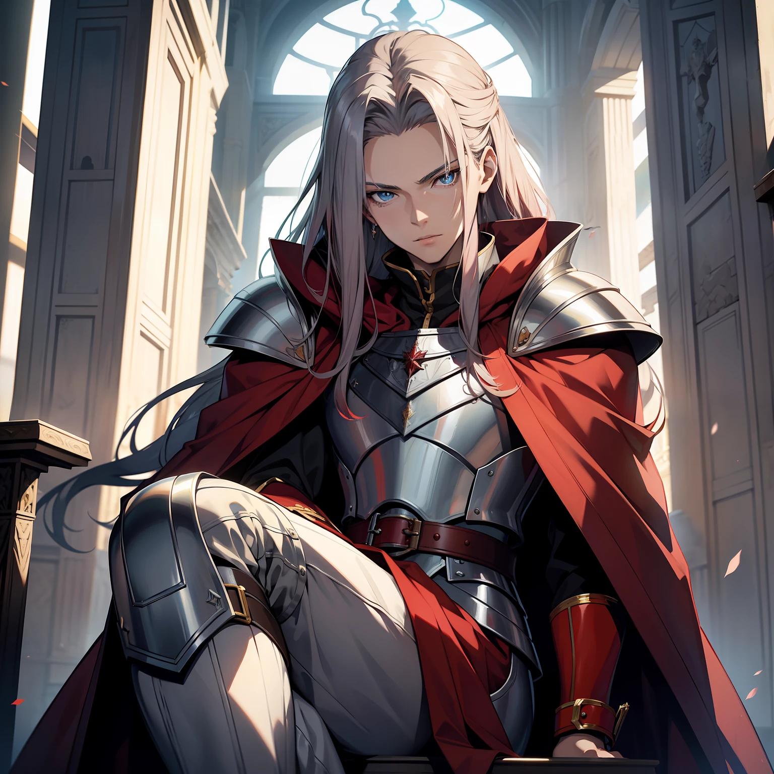 young man, 18 years old, red hair, long hair, silver armor, blue cloak, blue eyes, pale skin, freeckes in face, espada na bainha, ajoelhado, em frente a um trono, in a shiny palace, 4k, masterpiece