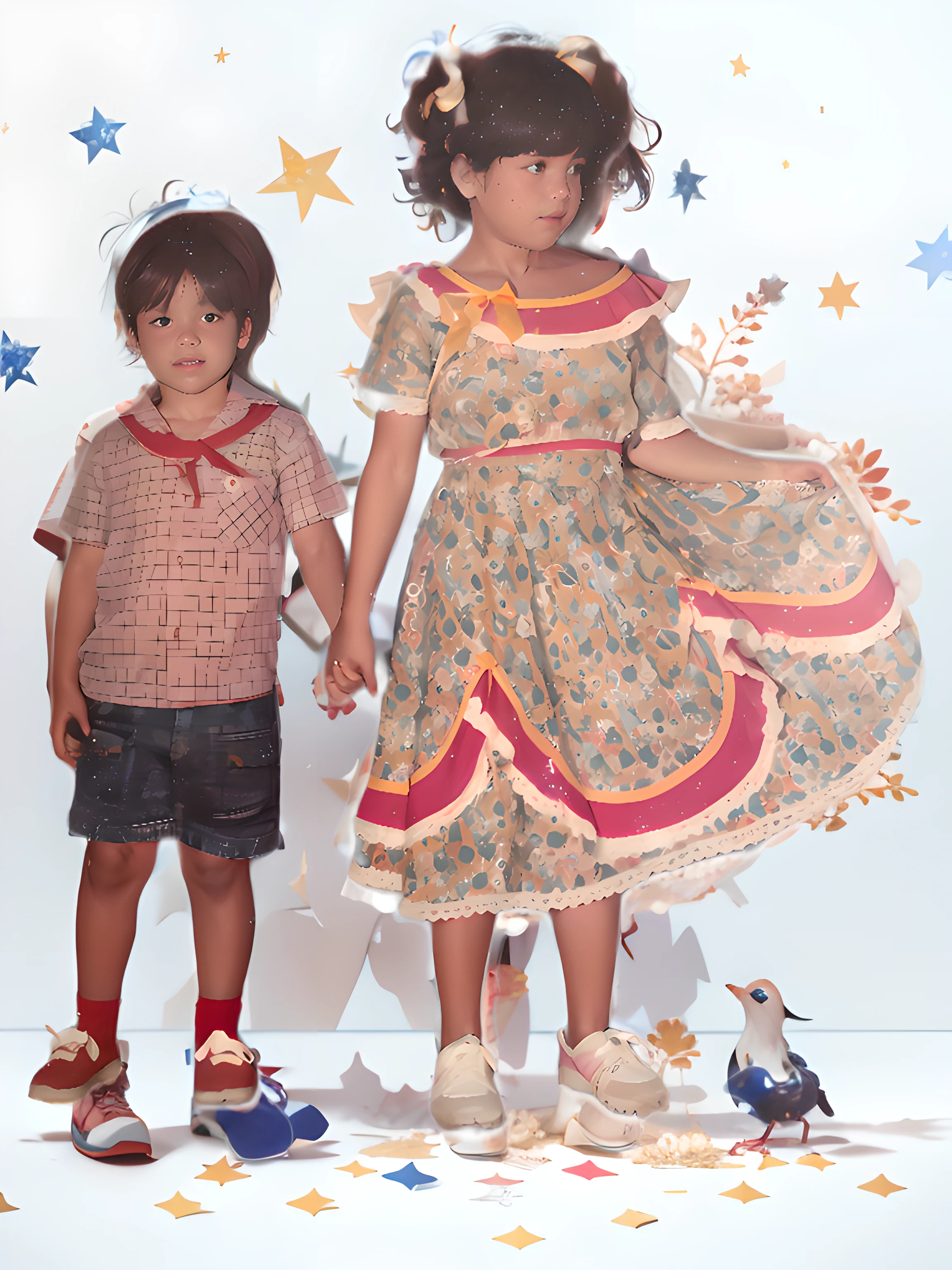 repintar parte selecionada: ((obra-prima))), melhor qualidade, illustration, lindodetalheedglow, Papel_cortar, tree, ....There are two children standing next to each other holding hands, imagem antiga, childhood friend, foto antiga,, ......lua, nuvem, estrelas, passaros, Astros, universo, constructions, ((Realismo)), Fotografia RAW da mais alta qualidade, ............lua, universo, (((master part))), melhor qualidade, heaven, Cloud, water, estrela, tree, noite, ..........lua, Building, estrela \(heaven\), night sky, scenecy, starly sky, pintura em aquarela, fundo claro, melhor qualidade detalhes requintados, 3D rendering, octan render, (((ultra realistic))), (((Original reference))), ((Semelhante ao original)), ((The original photo doesn't change)), extremely detailed lighting, Lighting rich in shadow and light details, kinematic lighting, flutuando nas nuvens