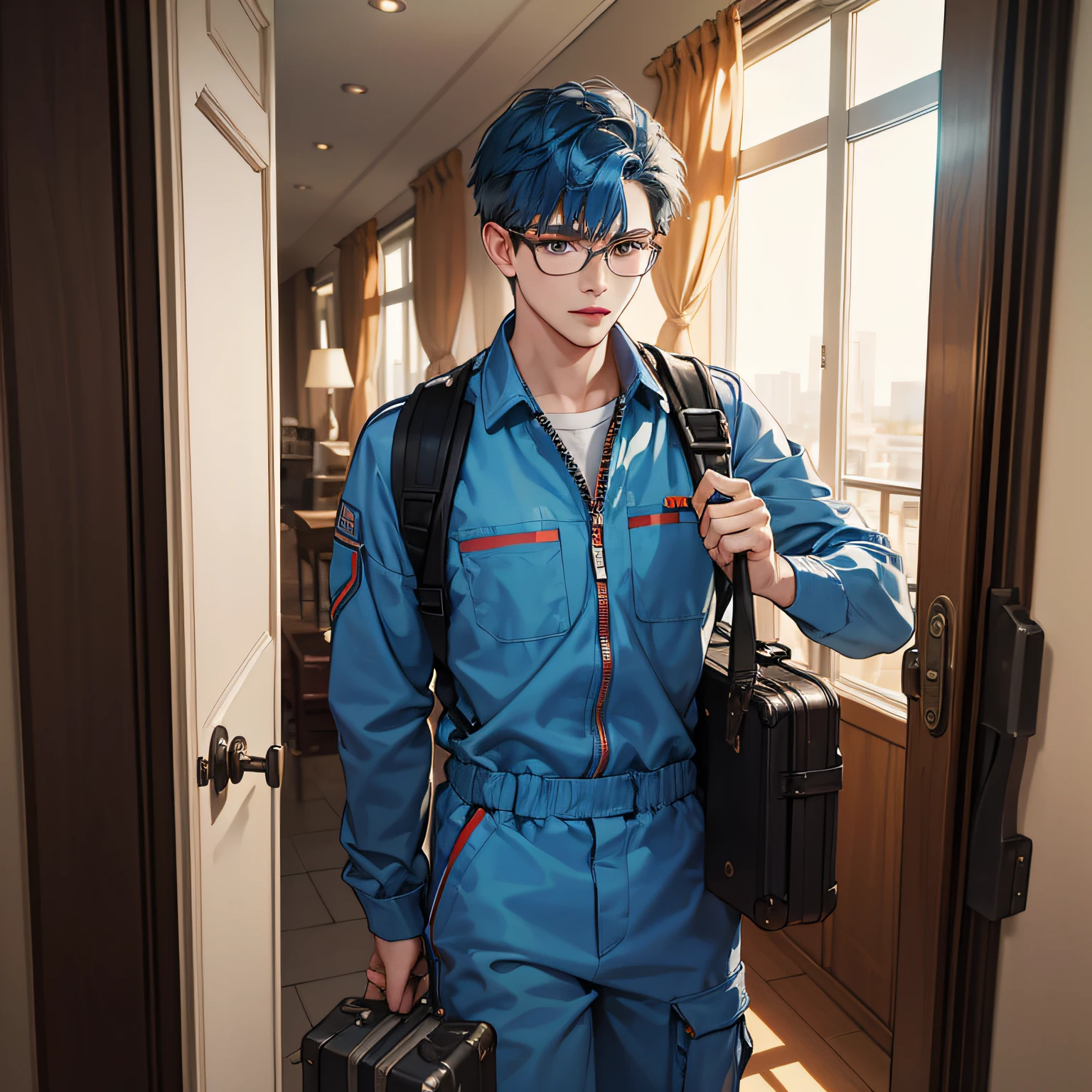 (in 8K、topquality、tmasterpiece:1.2)、1 boy、Skinny macho、pretty eyes, beutiful、ah high, student, Upper torso, Short blue hair, with glasses on, full gray auto mechanic jumpsuit, stands in the corridor of the hotel, Frame through the door frame, A suitcase with tools in his hand, Hardened