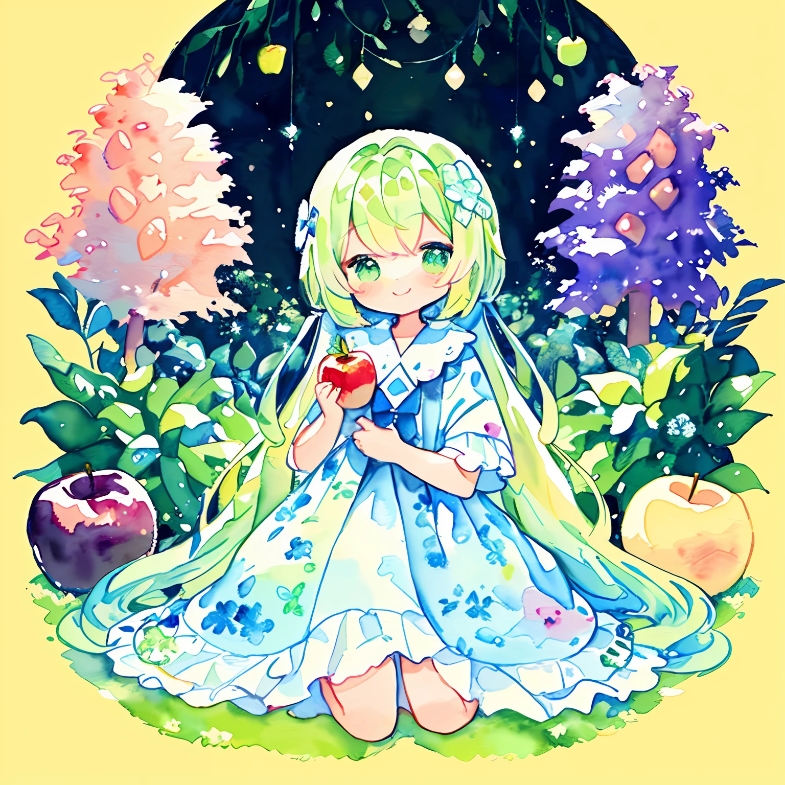 (PastelColors:1.5)、(Cute illustration:1.5)、(watercolor paiting:1.1)、Yellow-green background、girl with、a smile、Beautifully detailed、Moya、colourfull、marble、Particles of light、patterns、serpent、apples、Adam and Eve、beginning、paradise、trees、Purple light