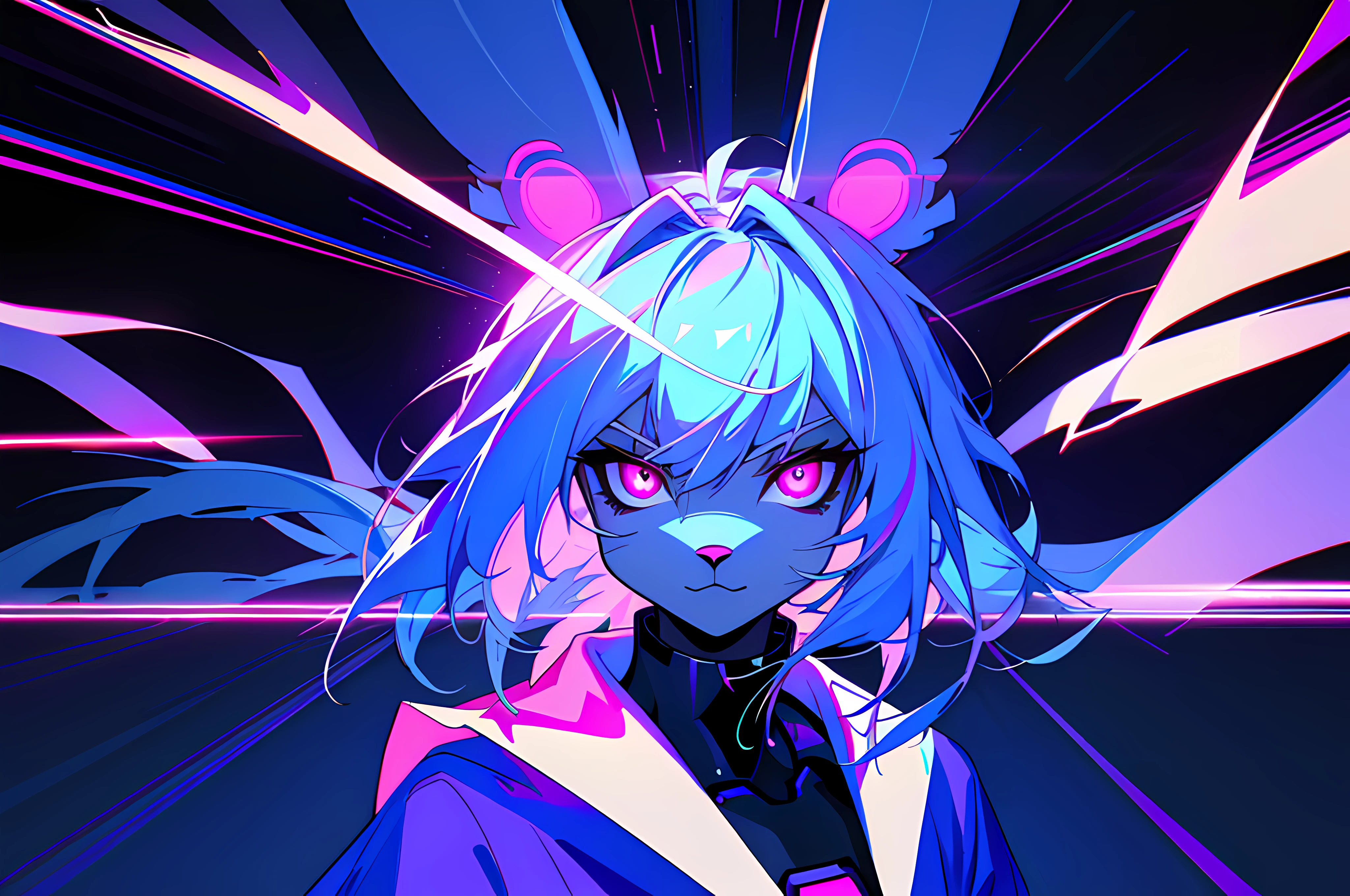 (vintage vhs), (crt screenshot), (Zen, Amy Sol style), running scene from a show about a blue anthro furry kemono rabbit who investigates deep space crime, (vast decrepit scenery:1.2) blame! style, furry azure blue bunny rabbit in a purple shirt with a black background, cute intense bunny, blue anthropomorphic bunny rabbit, with glowing eyes, anthro portrait, head-on portrait, nightmarish illustration, glowing eyes everywhere, intense eye contact, hybrid human / anthro, electrixbunny, rabbit anthro portrait, ((portrait)), bunnypunk, weirdcore voidpunk fursona, wearing bunny ears, cover art with light abstraction, abstract, simple vector art, contemporary Cybernetic art, color gradients, soft color palettes, layered forms, whimsical animation, style Ethereal abstract, 4K, --v6