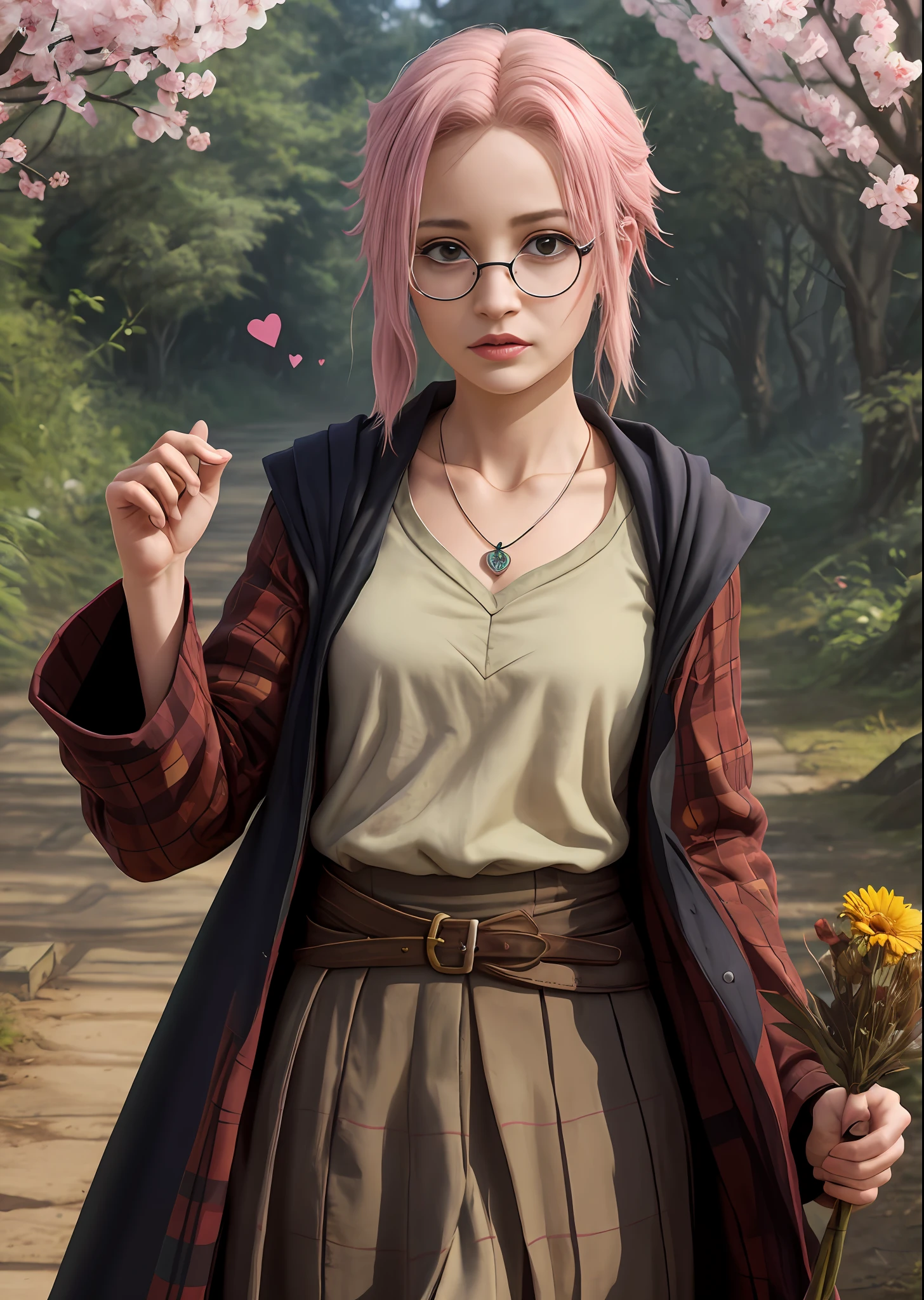 ((Solo)), feminina,sakura haruno , com uniforme da grifinorio dr harry potter, olhar confiante e alagre, glasses, Little Heart Necklace, coxas grandes, seios medios, andando prla floresta cheio de flores, no fundo Hogwarts, segurando uma varinha,