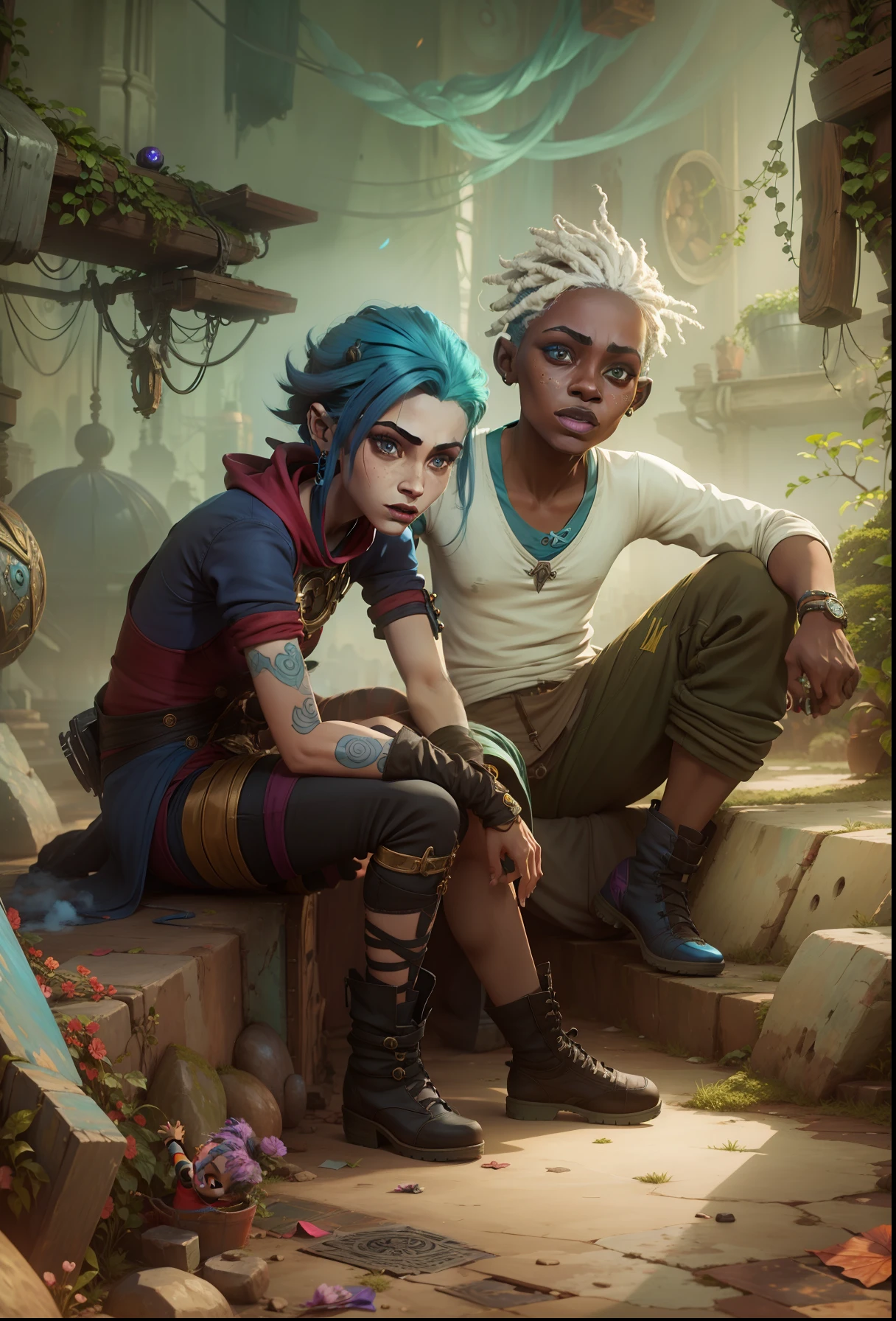 Menina de cabelo azul sentada do lado de um menino., Jinx e Ekko, Arcane. Jinx