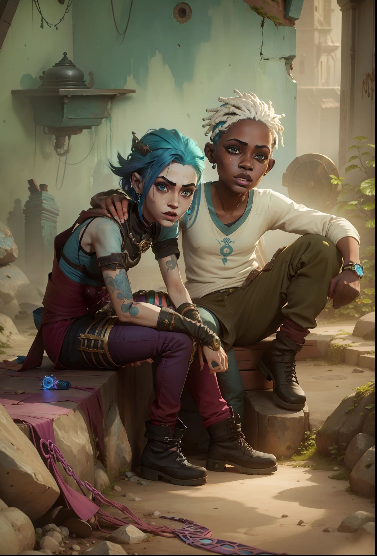 Menina de cabelo azul sentada do lado de um menino., Jinx e Ekko, Arcane. Jinx