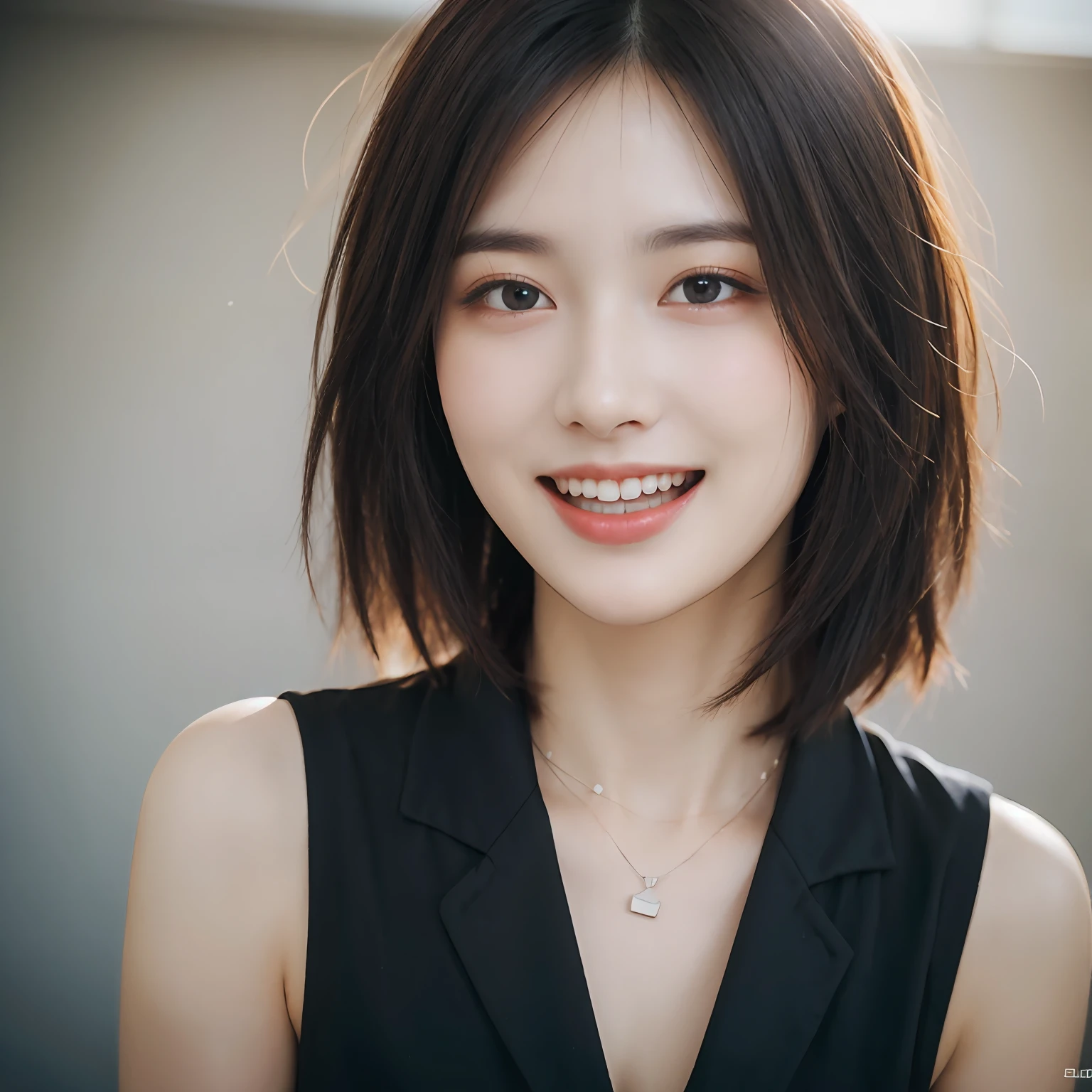 Dressed, (photographrealistic:1.4), (Hyper realistic:1.4), (Realistic:1.3), (Smoother lighting:1.05), (increase cinematic lighting quality:0.9), 32K, 1girl in,25-years old, Realistic lighting, Backlighting, Light on Face, raytrace, (Brightening light:1.2), (Increase quality:1.4), (Top quality real texture skins:1.4), finely detailed eyes, finerly detailed face, (tired and sleepy and joy:0), (Laugh:1.4), Black Suit,a necklace, (Increase body line mood:1.1), (Increase the beauty of skin texture:1.1),