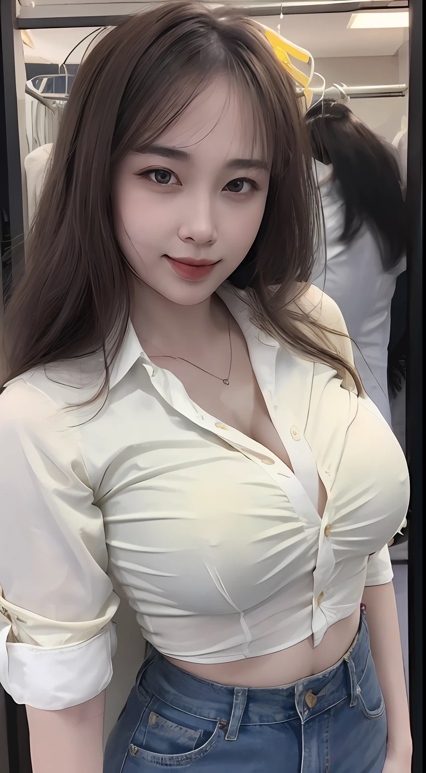 ((Best quality, 8k, Masterpiece :1.3)), Sharp focus :1.2, A pretty woman with perfect figure :1.4, Slender abs :1.2, ((Dark brown hair, gigantic breasts :1.4)), (wearing white button up shirt, Jean :1.1), City street:1.2, Highly detailed face and skin texture, Detailed eyes, Double eyelid
